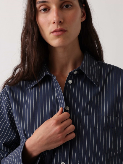 Organic Cotton Poplin Stripe Big Shirt - dark blue stripe