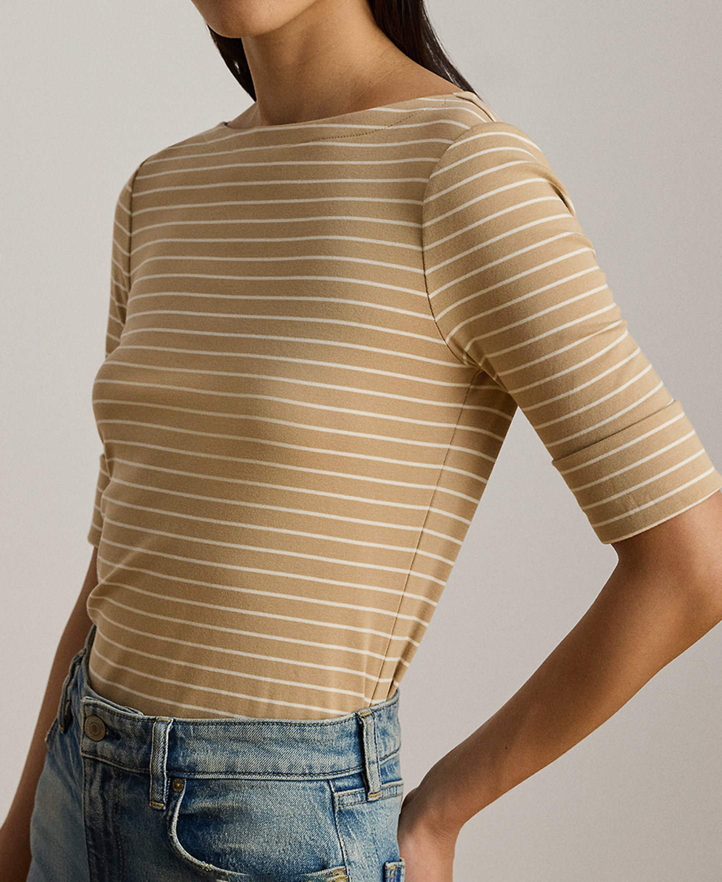 Lauren Ralph Lauren Women's Striped Boat Neck Top - Birch Tan/mascarpone Cream