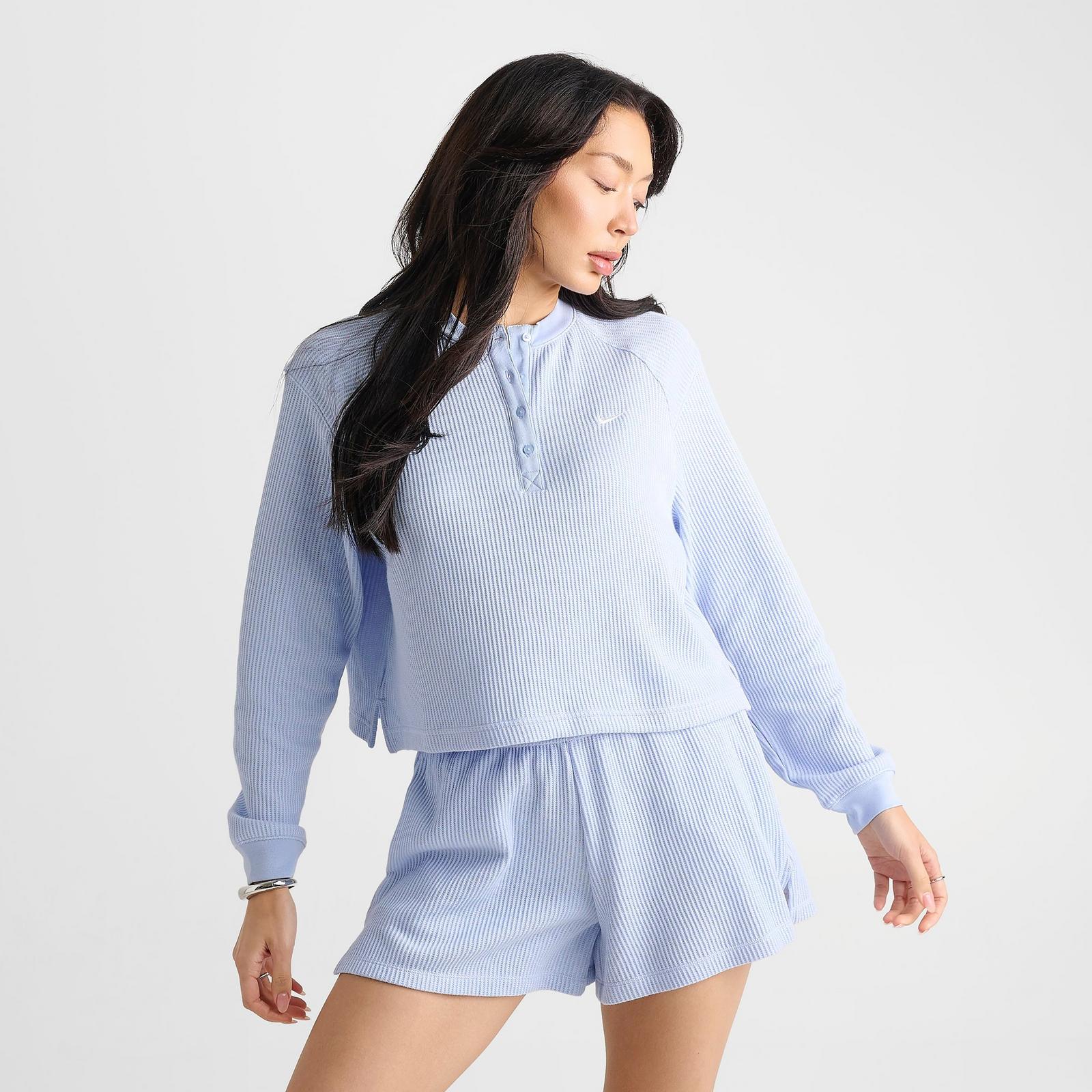 Women's Nike Sportswear Chill Waffle Oversized Long-Sleeve Henley Top - Hydrogen Blue/Sail