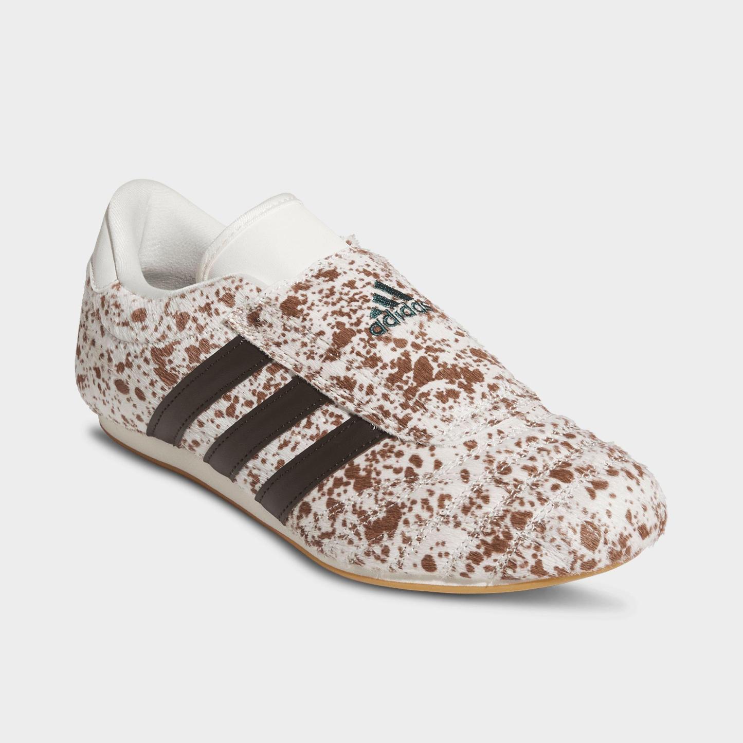 Women's adidas Originals Taekwondo Cow Print Casual Shoes - Off White/Dark Brown/Gum - Both shoes facing left