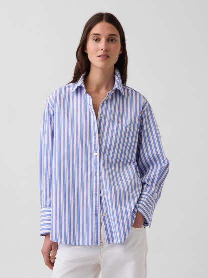 Organic Cotton Poplin Big Shirt - Blue stripe