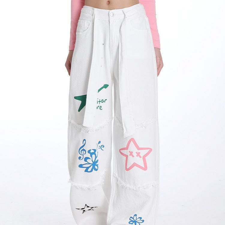 Women's Springsummer High Waist Drooping Pear Shapes Stitching Style Printed Jeans