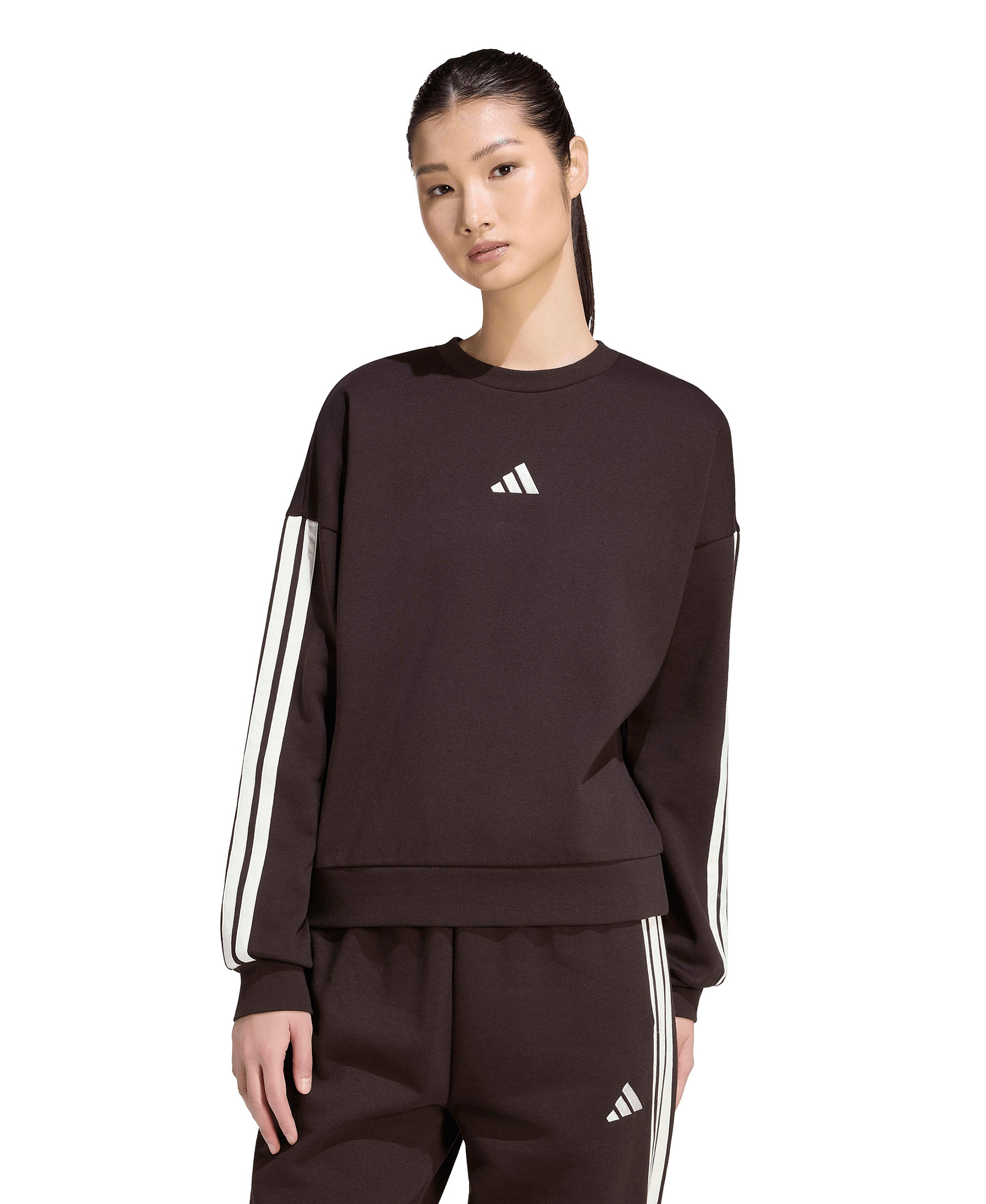 adidas Women's Essentials 3-Stripes Fleece Crew Neck Sweatshirt - Aurora Coffee/Ivory