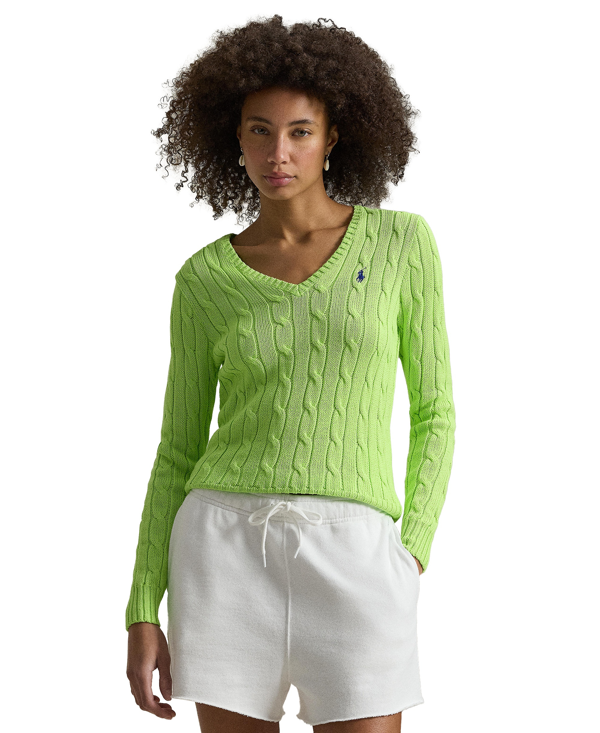 Polo Ralph Lauren Women's Cable-Knit Cotton V-Neck Sweater - Bright Leaf