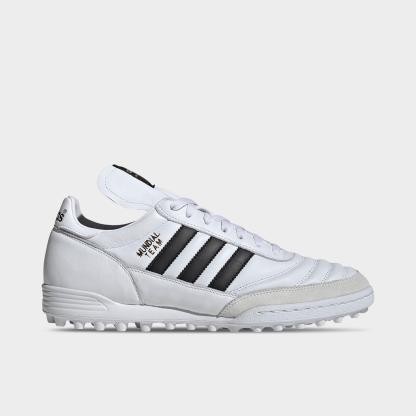 Men's adidas Mundial Team Turf Soccer Cleats - White/Black/Gold Metallic - Left shoe facing left. Outside of the shoe.