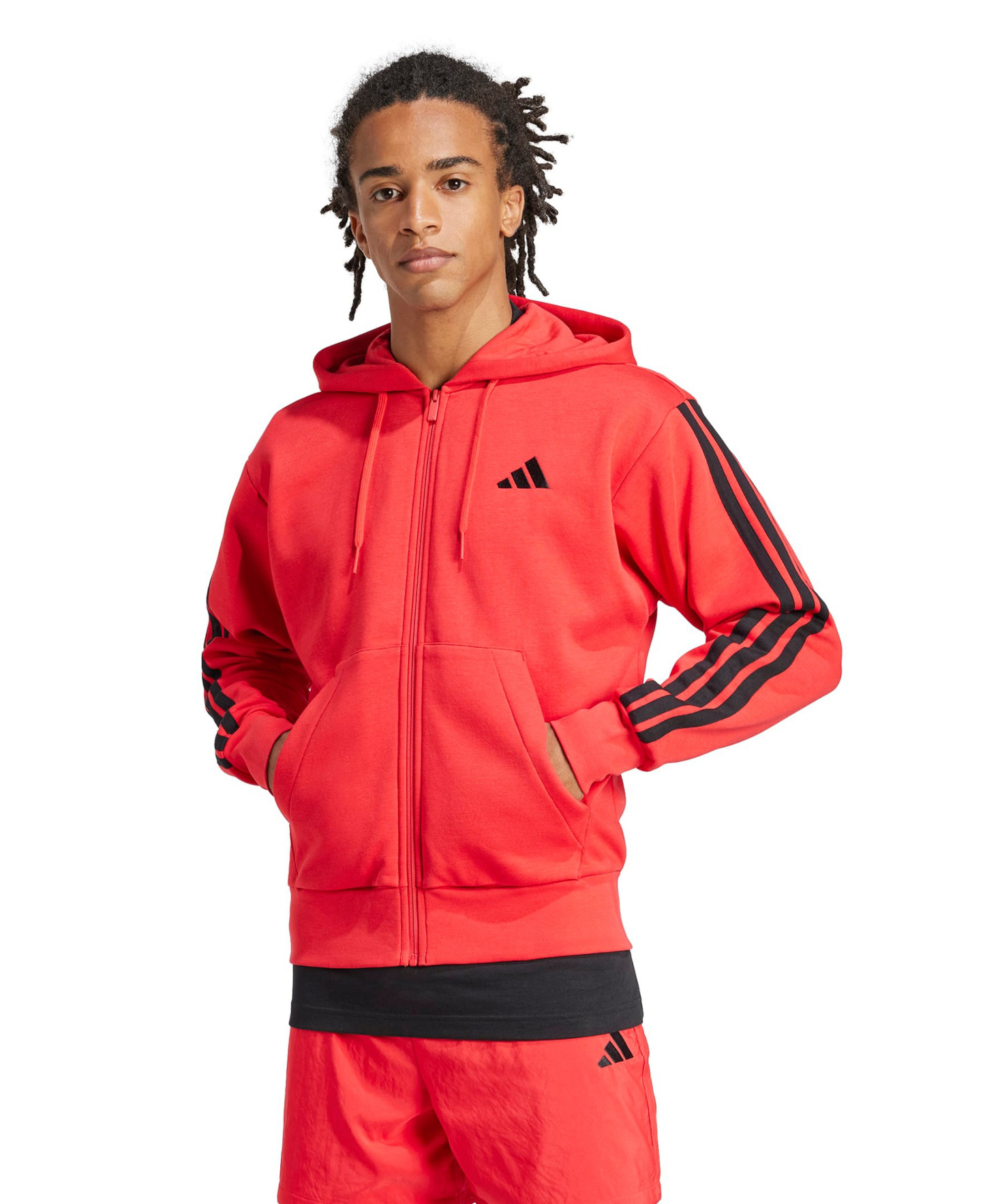 adidas Men's Regular-Fit 3-Stripes Full-Zip Fleece Hoodie - Pure Ruby/Black