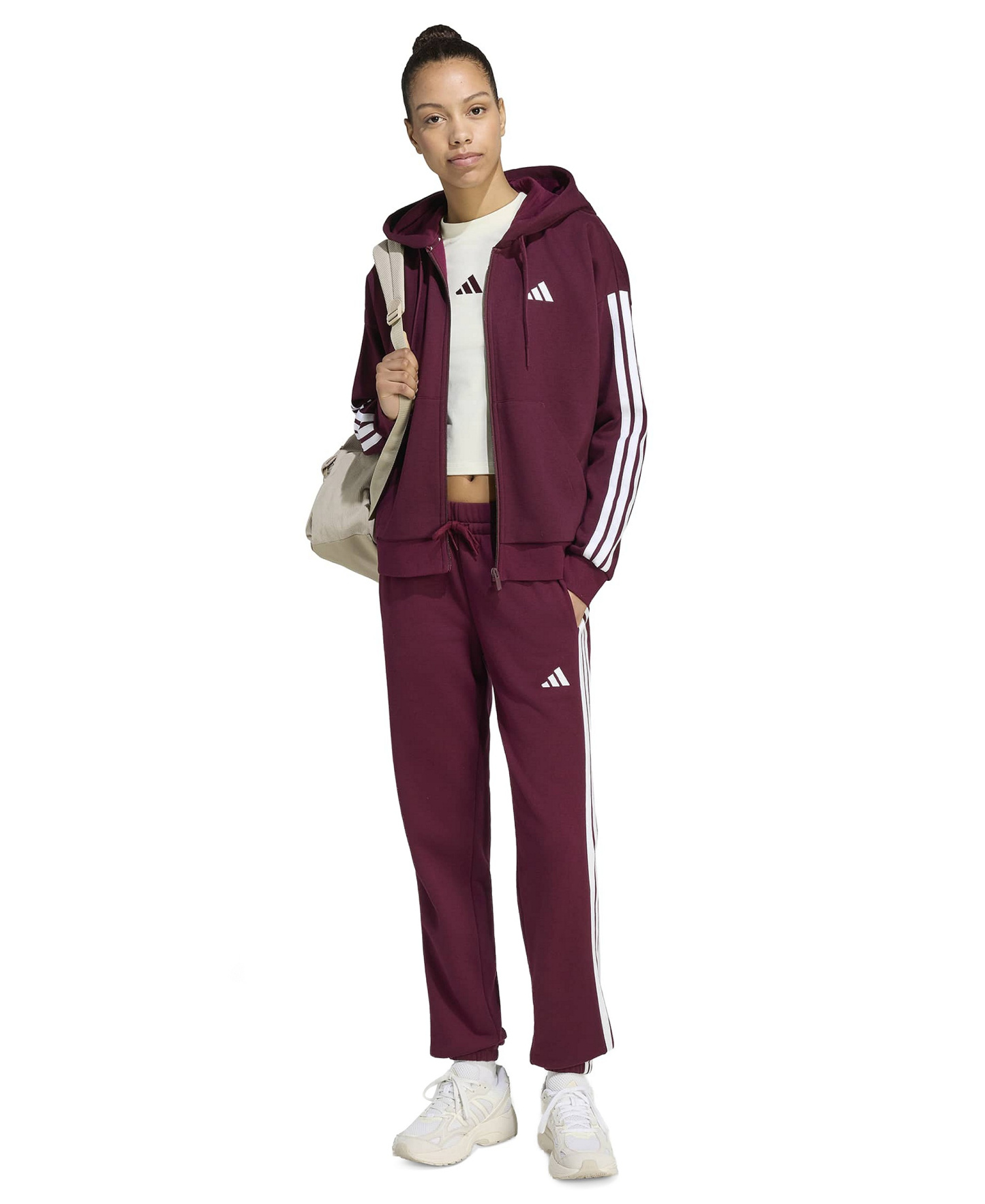 adidas Women's 3-Stripe Fleece Full-Zip Hoodie - Maroon/white