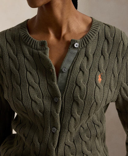 Polo Ralph Lauren Women's Cable-Knit Cotton Crewneck Cardigan Sweater - Dense Olive