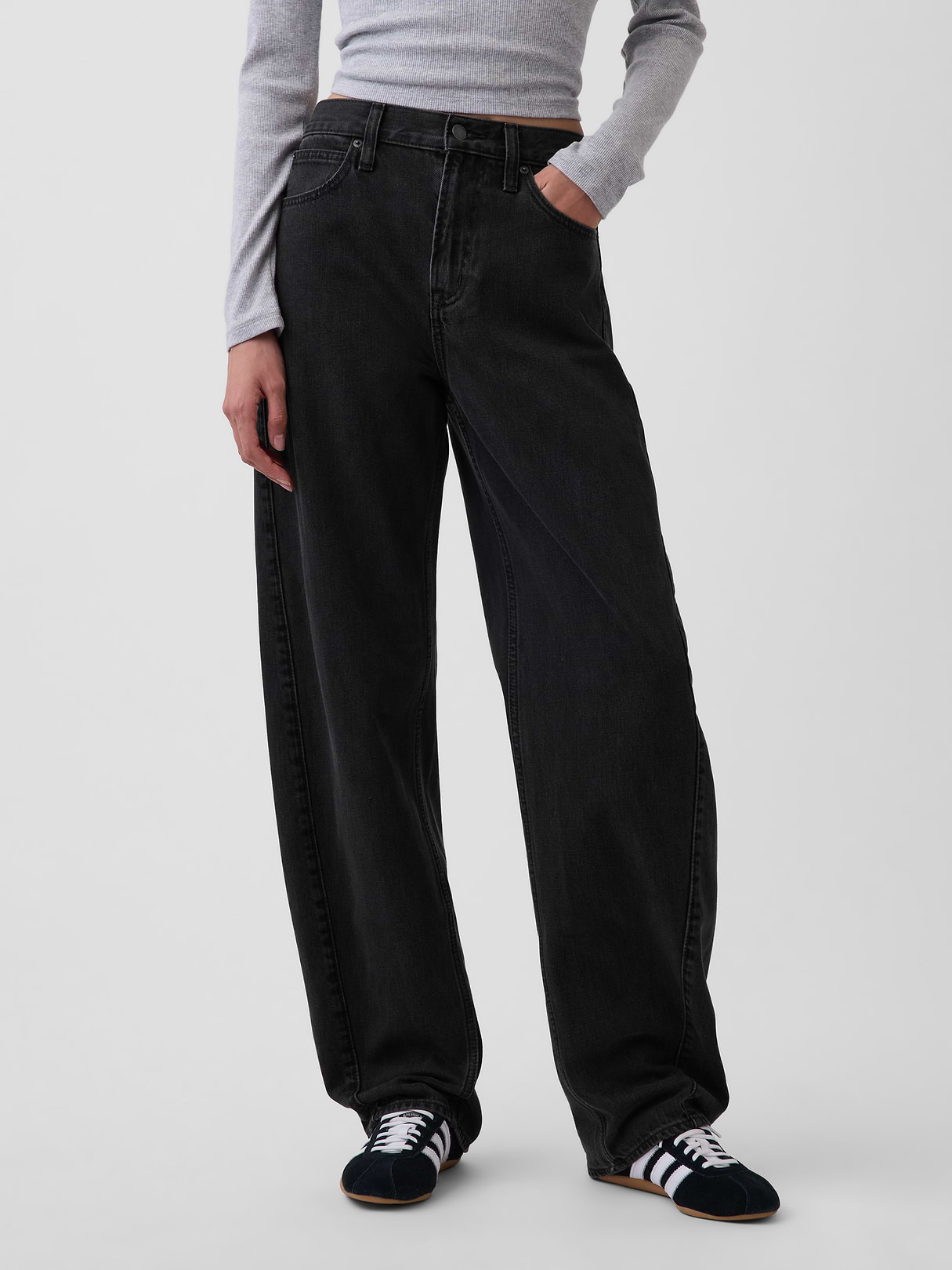 High Rise Khaki Stripe Barrel Jeans - Black