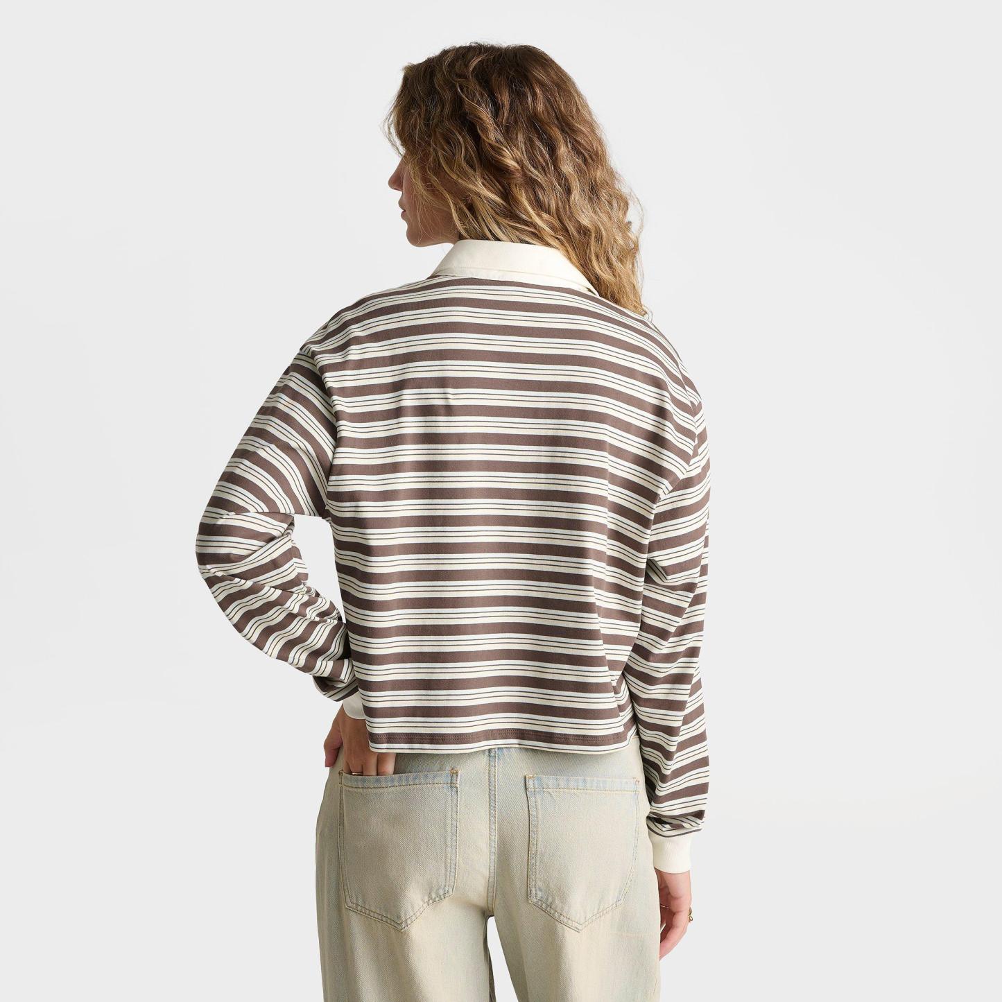 Women's adidas Originals Striped OVZD Long-Sleeve Polo T-Shirt - Earth Strata/Ice Blue