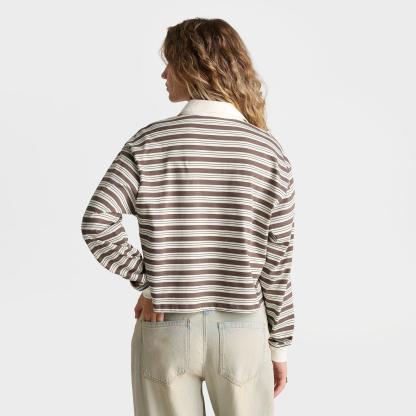 Women's adidas Originals Striped OVZD Long-Sleeve Polo T-Shirt - Earth Strata/Ice Blue