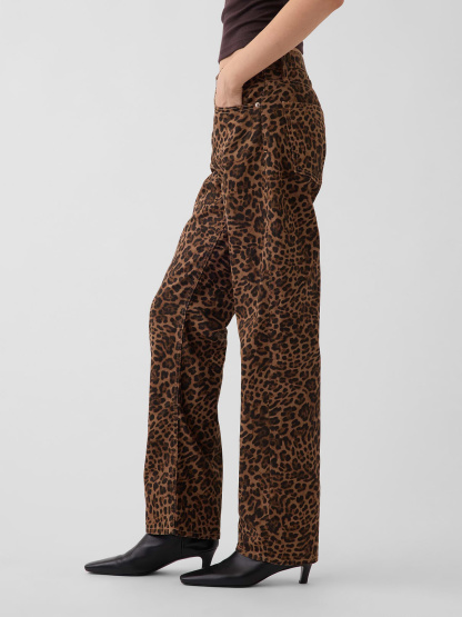 Mid Rise Straight Taper Jeans - Brown leopard print