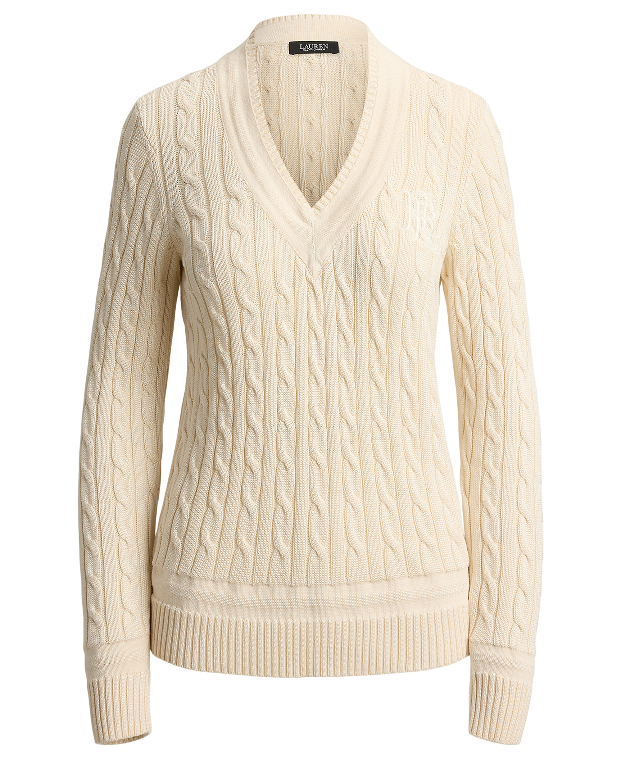 Lauren Ralph Lauren Women's Long-Sleeve V-Neck Cable Knit Sweater - Mascarpone Cream