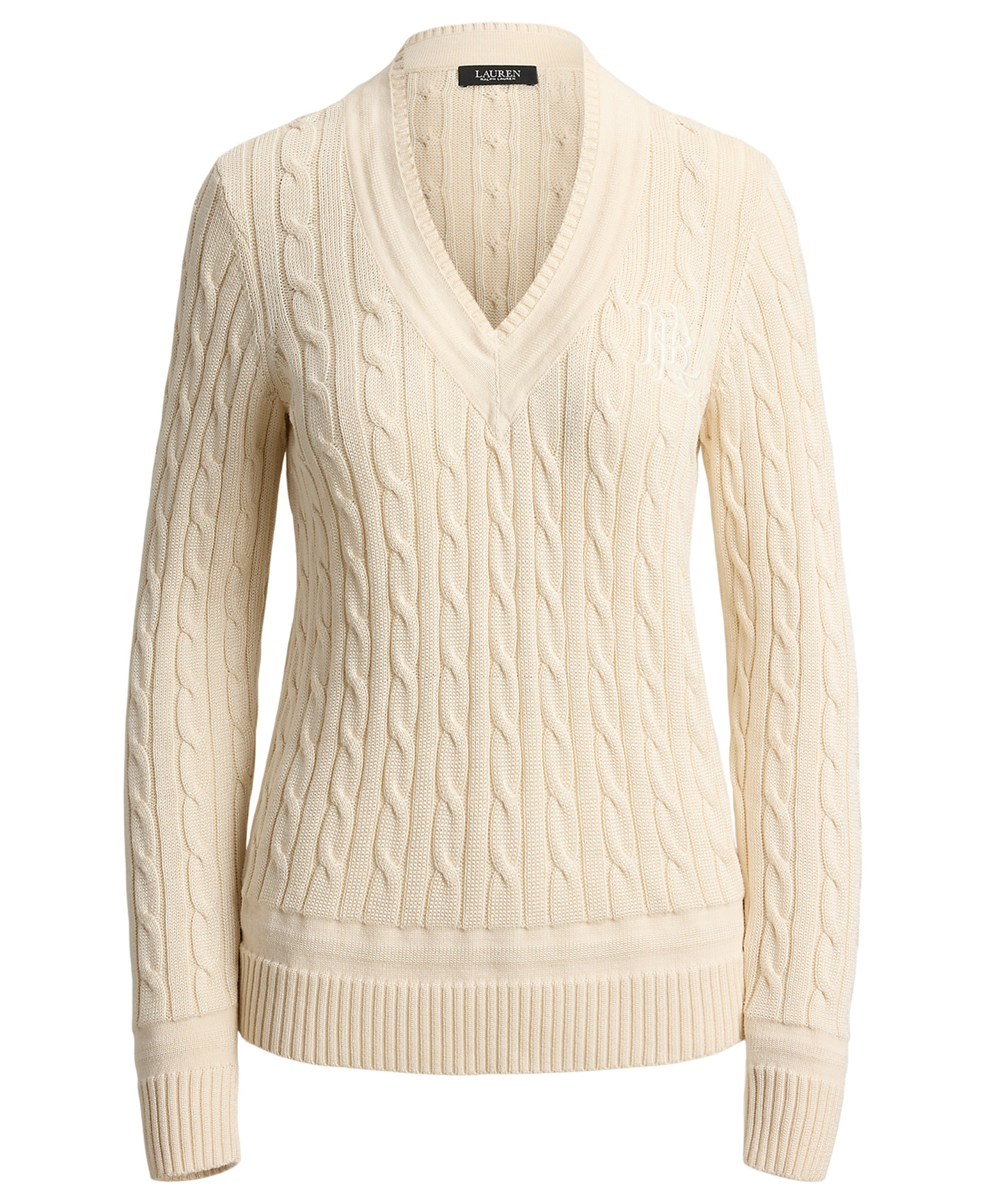 Lauren Ralph Lauren Women's Long-Sleeve V-Neck Cable Knit Sweater - Mascarpone Cream
