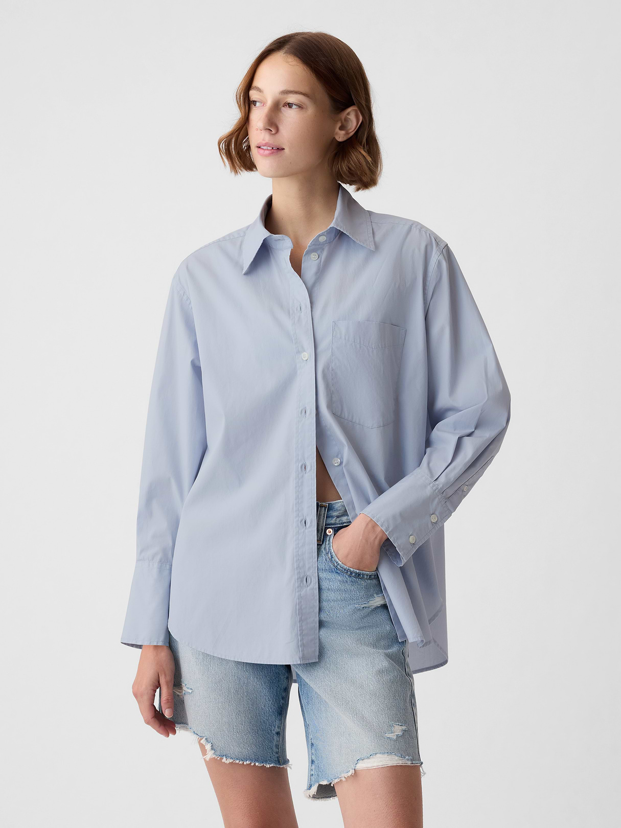 Organic Cotton Poplin Stripe Big Shirt - ice blue