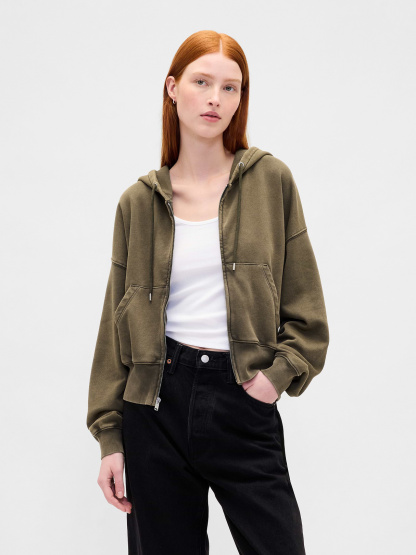 VintageSoft Wedge Zip Hoodie - Black moss green wash