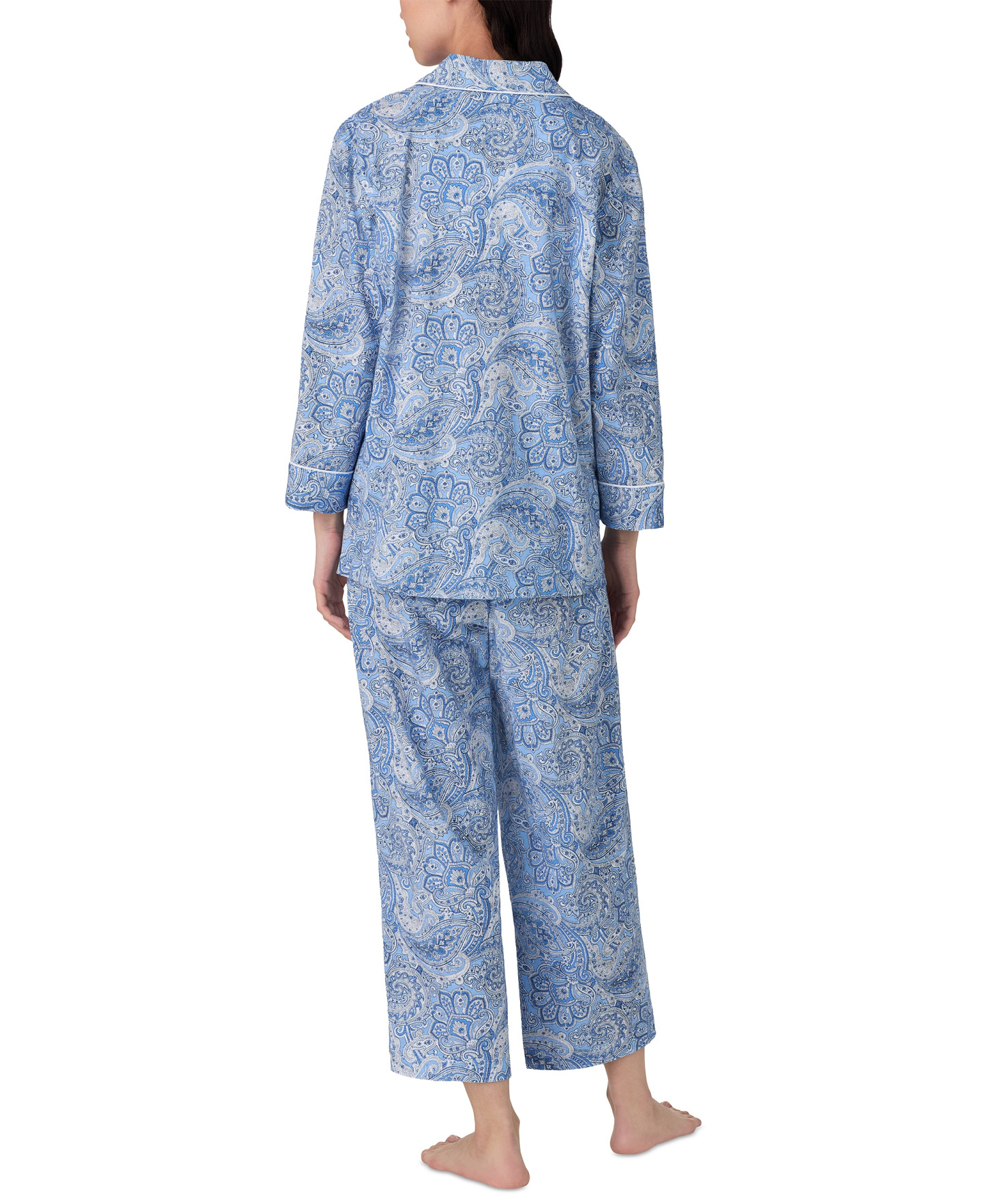 Lauren Ralph Lauren Womens 3/4 Sleeve Cotton Notch Collar Capri Pant Pajama Set - Blue Paisley