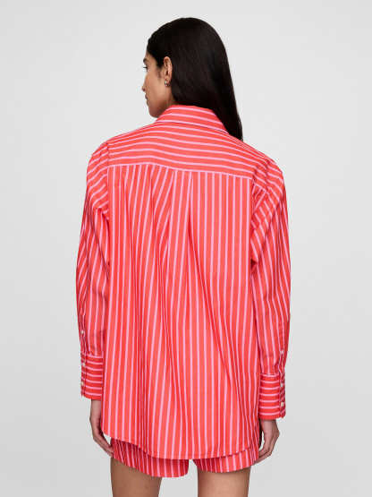 Organic Cotton Poplin Stripe Big Shirt - Red and pink stripe