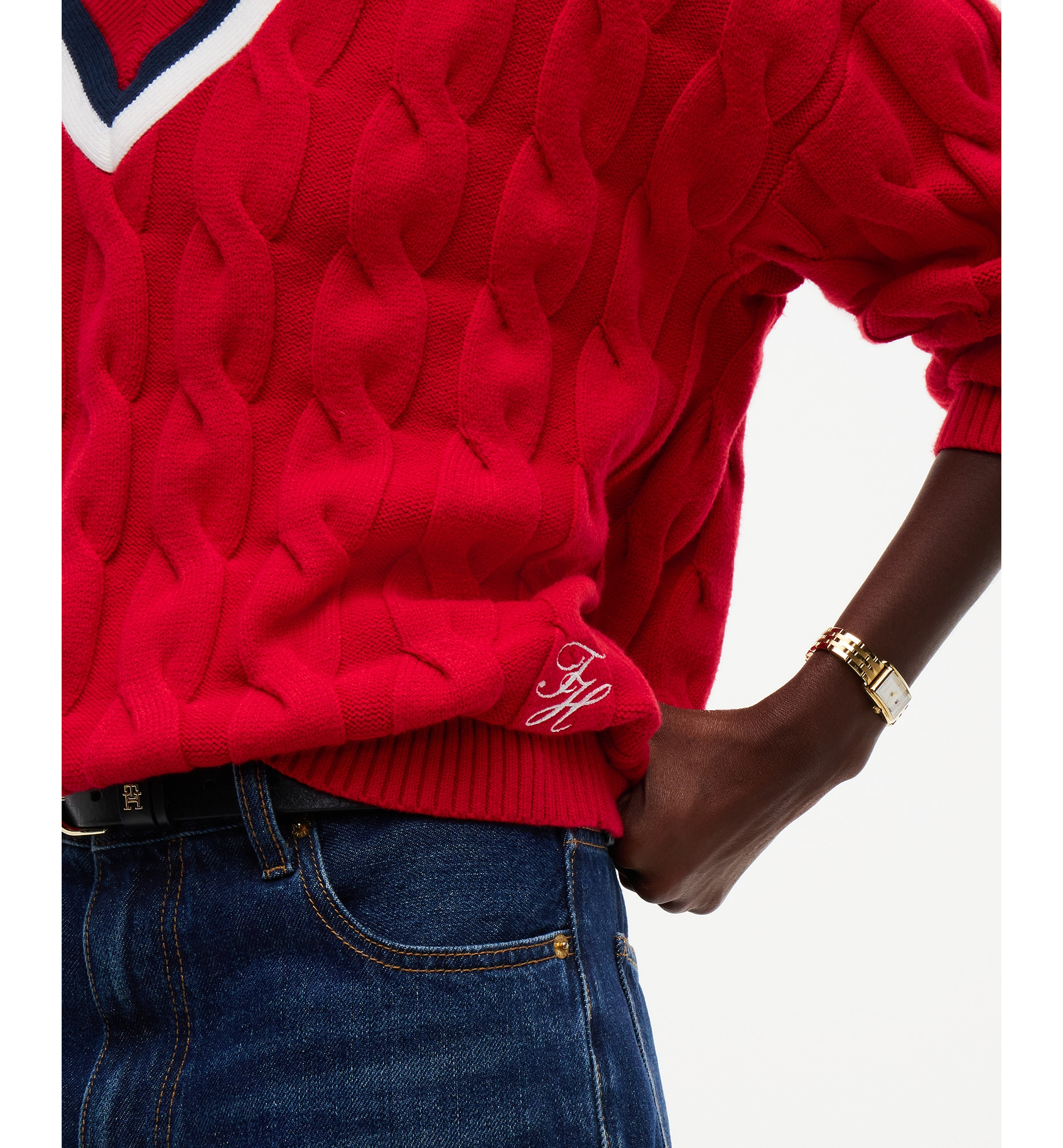 Tommy Hilfiger Women's Cricket Cable-Knit V-Neck Oversized Sweater - Red