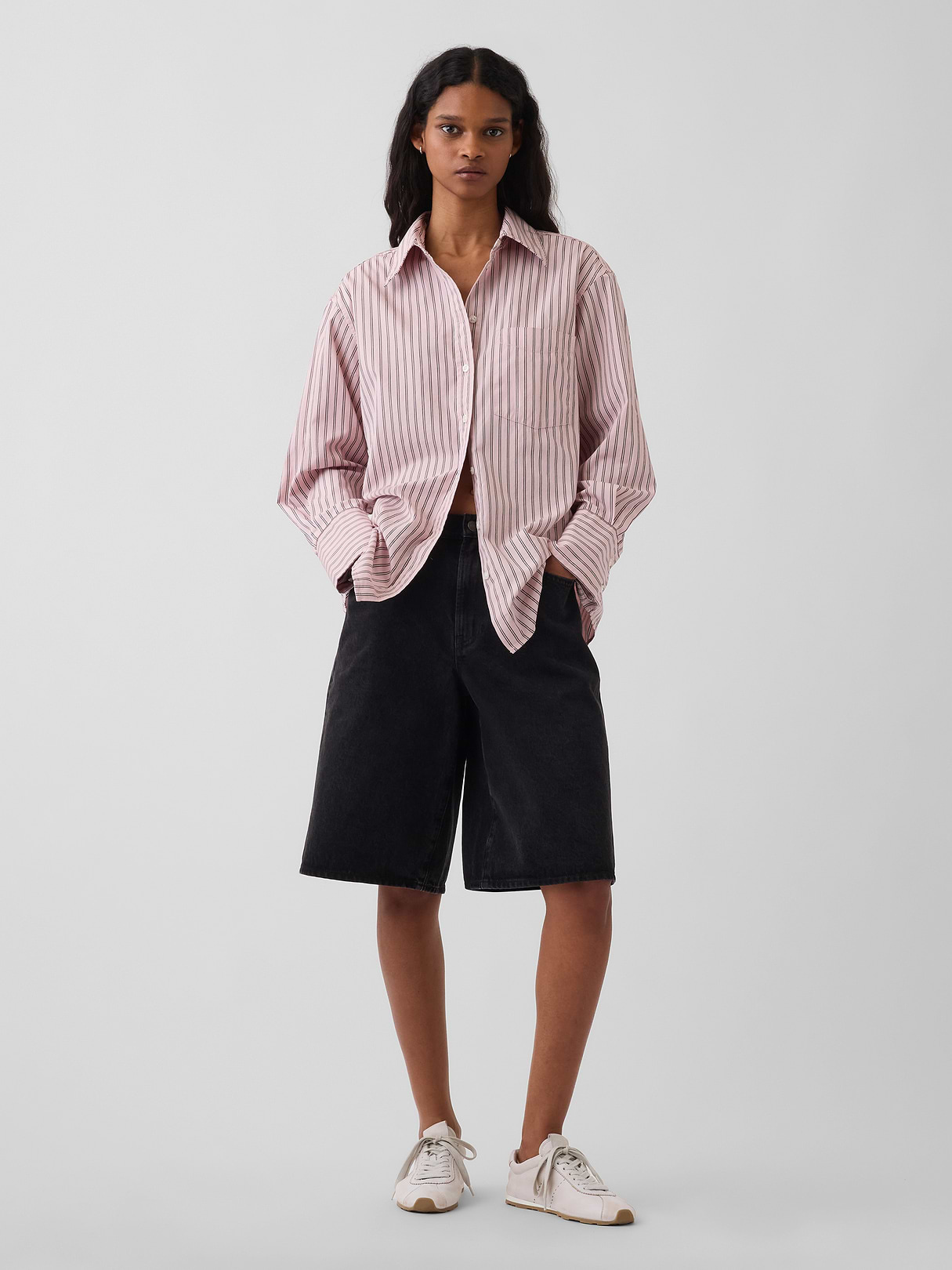 Organic Cotton Poplin Stripe Big Shirt - Pink & white stripe