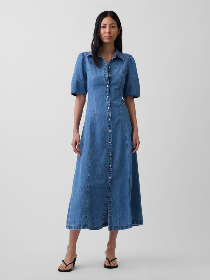 Barrel-Sleeve Maxi Shirtdress - Medium wash