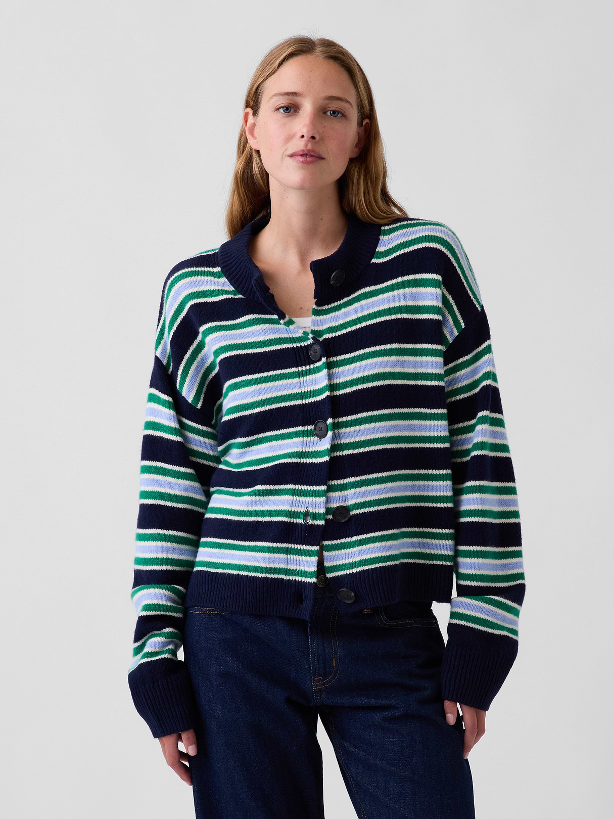 CashSoft Oversized Chunky Cardigan - Blue stripe & green stripe