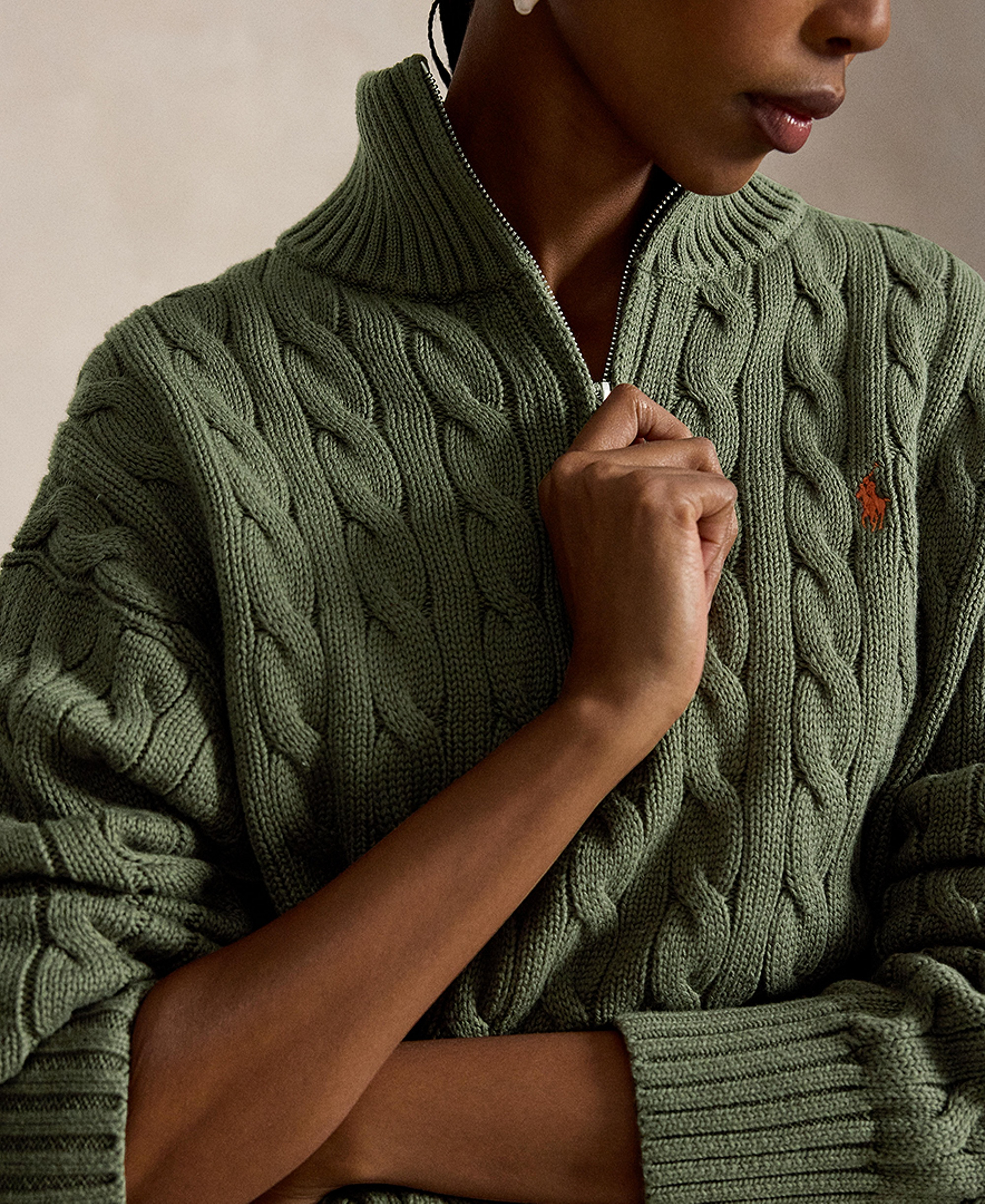 Polo Ralph Lauren Women's Cable-Knit Cotton Quarter-Zip Sweater - Dense Olive