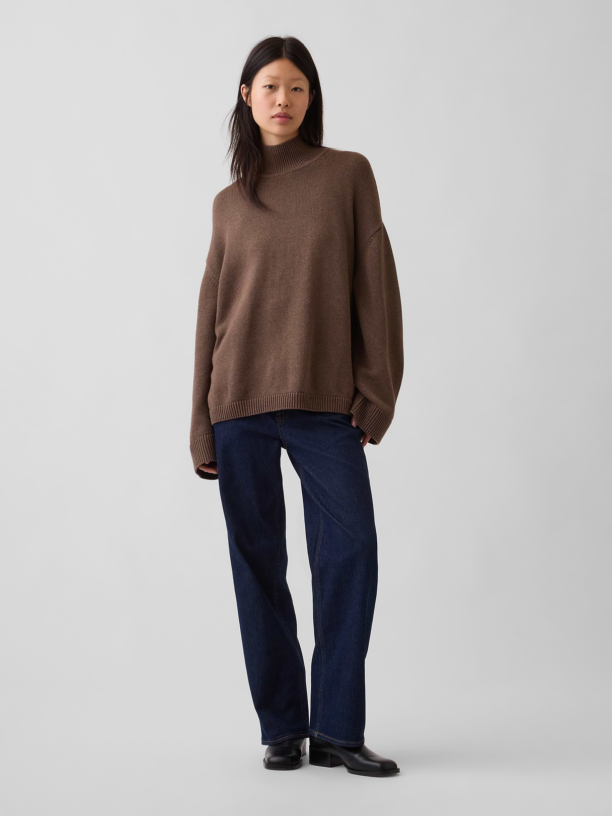 100% Cotton Oversized Mockneck Sweater - Cool brown heather