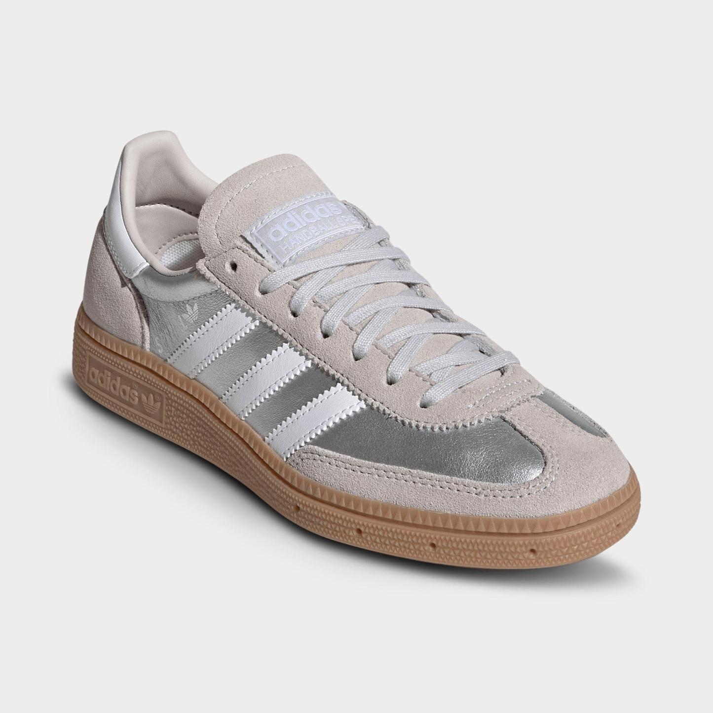 Big Kids' adidas Originals Handball Spezial Casual Shoes - Part 1 - Silver Metallic/White/Gum - Both shoes facing left