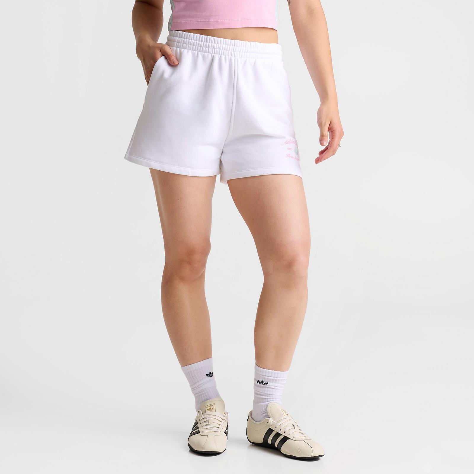 Women's adidas Originals Classic Sport Script Logo Fleece Shorts - White/True Pink/Clear Mint - view 3