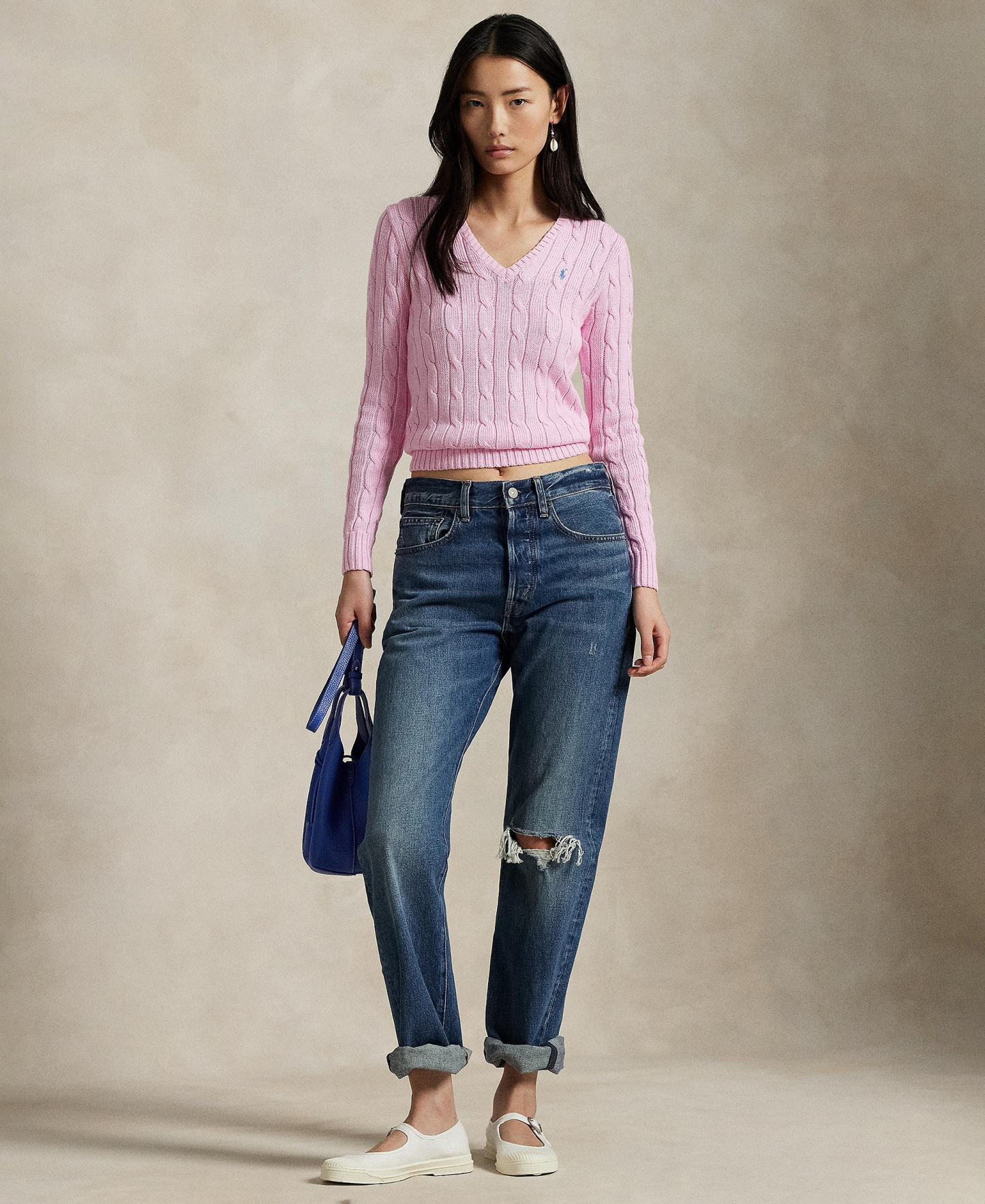 Polo Ralph Lauren Women's Cable-Knit Cotton V-Neck Sweater - Carmel Pink