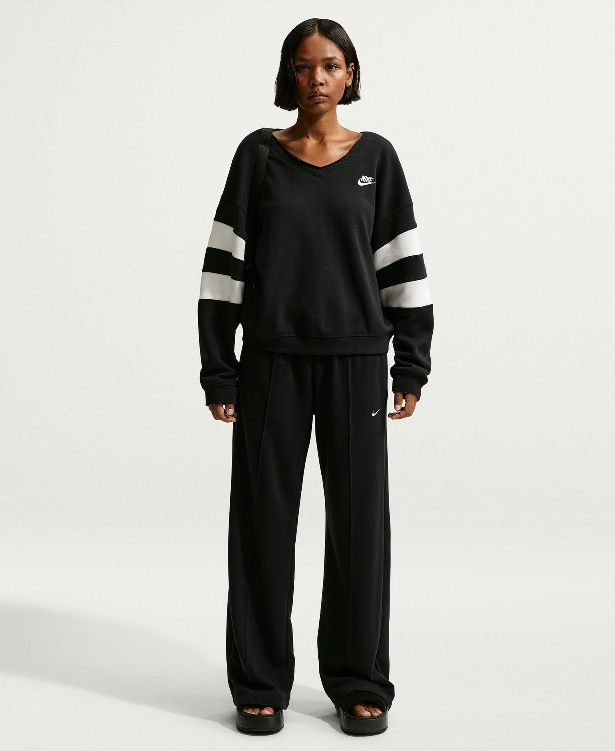 Nike Women's Sportswear Club Fleece Oversized V-Neck Sweatshirt - Black/Sail/Sail