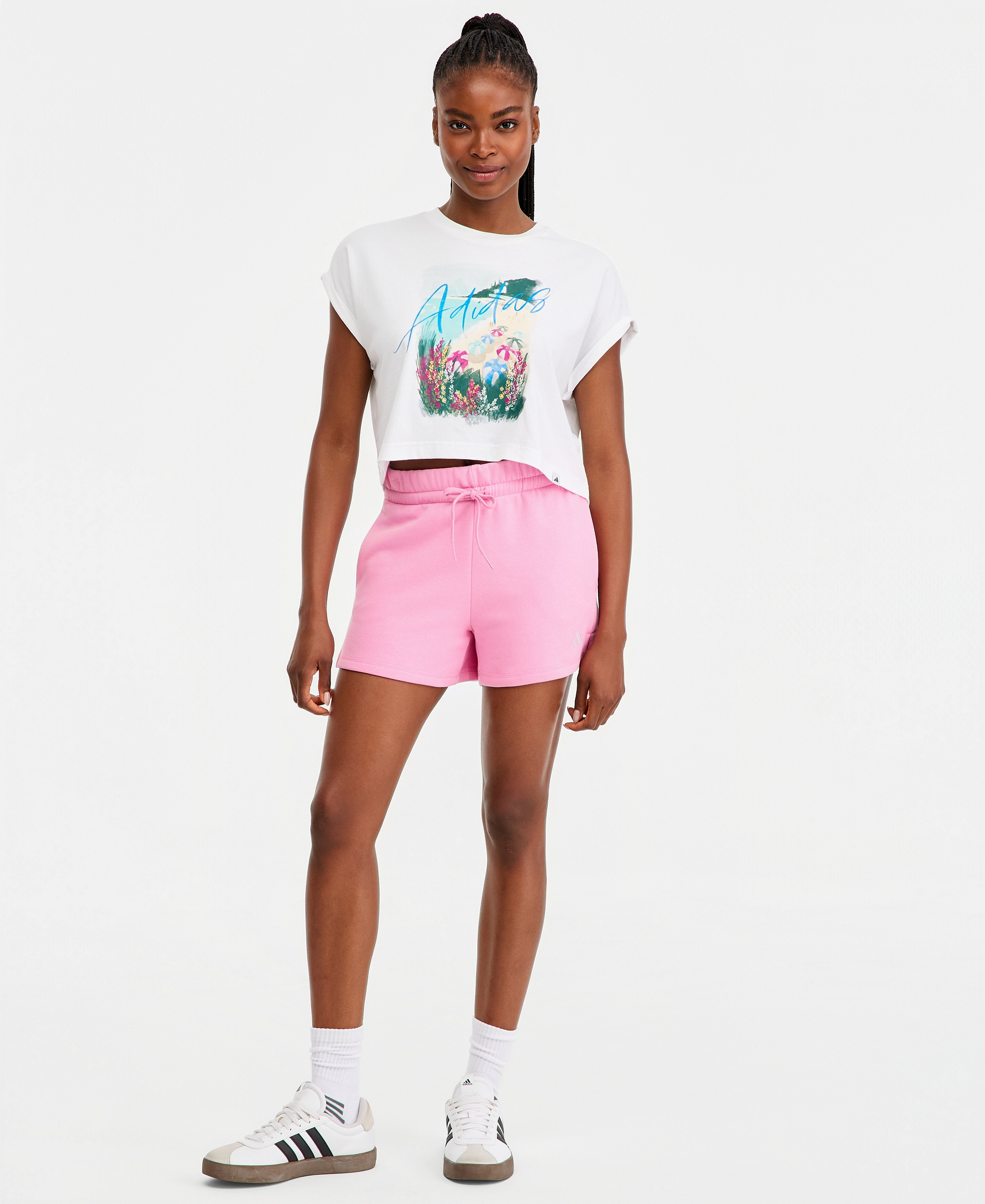 adidas Women's Essentials Small Logo Fleece Shorts - Clear Pink/White