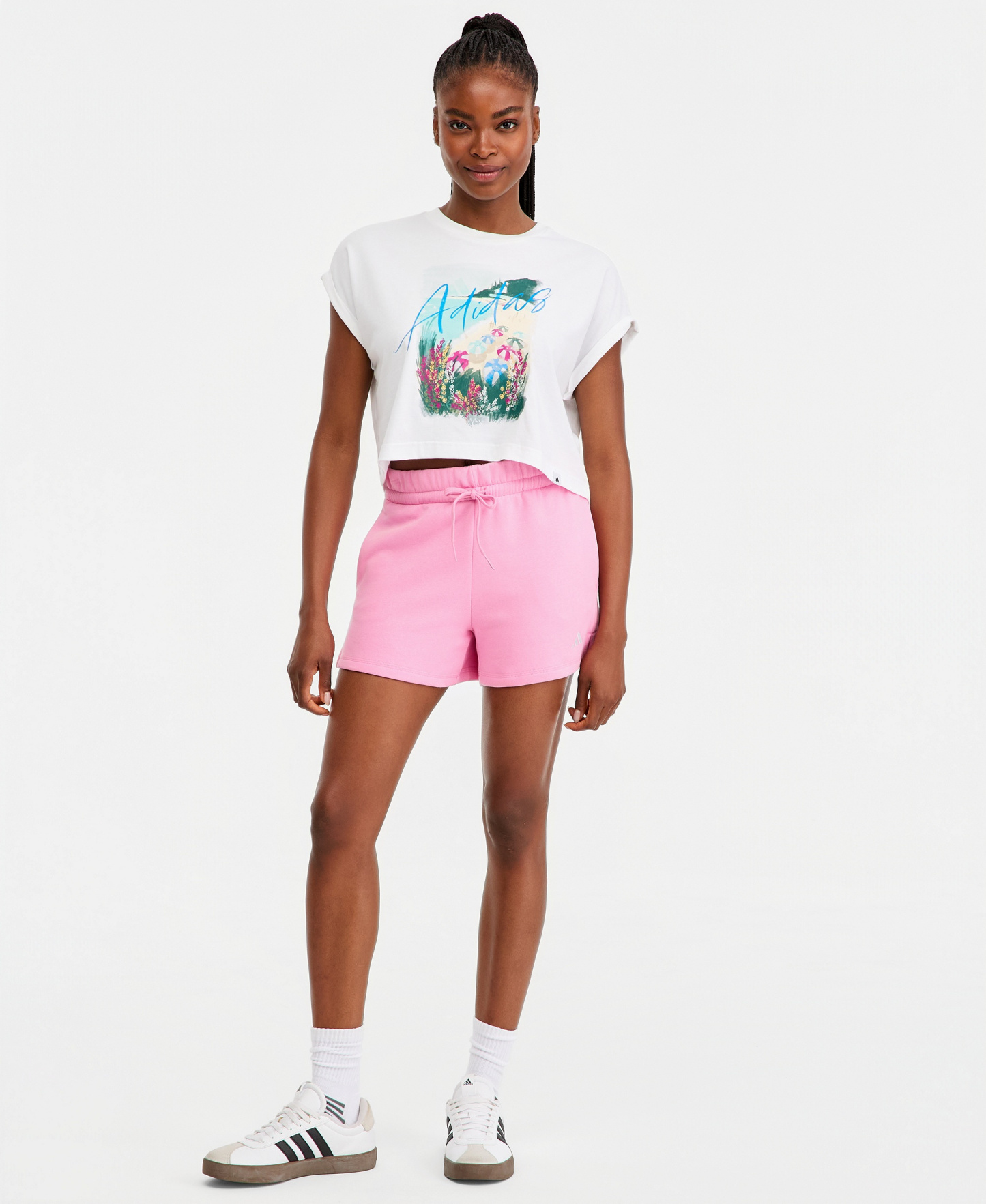 adidas Women's Essentials Small Logo Fleece Shorts - Clear Pink/White