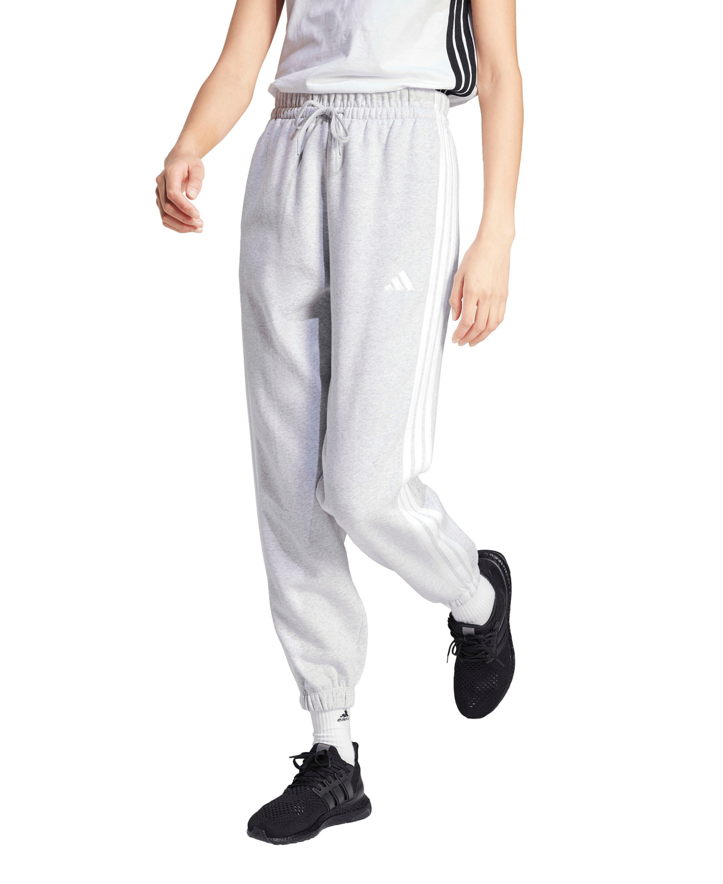 adidas Women's Essentials 3-Stripes Pull-On Fleece Loose Pants - Light Gray/White
