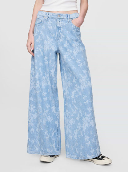 Mid Rise Denim Stripe Baggy Jeans - Light indigo floral