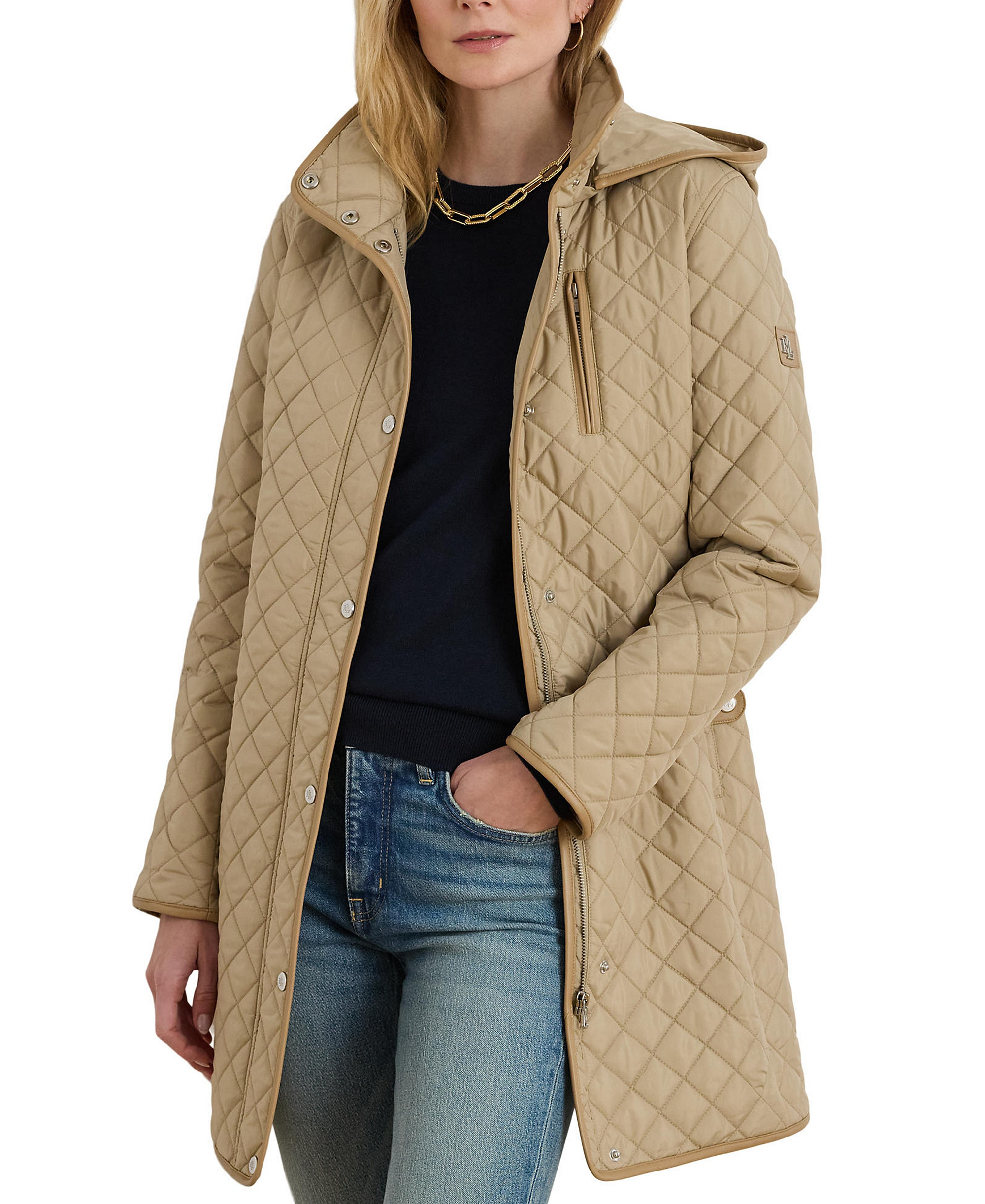 Lauren Ralph Lauren Womens Hooded Quilted Faux-Suede-Trim Coat - New birch