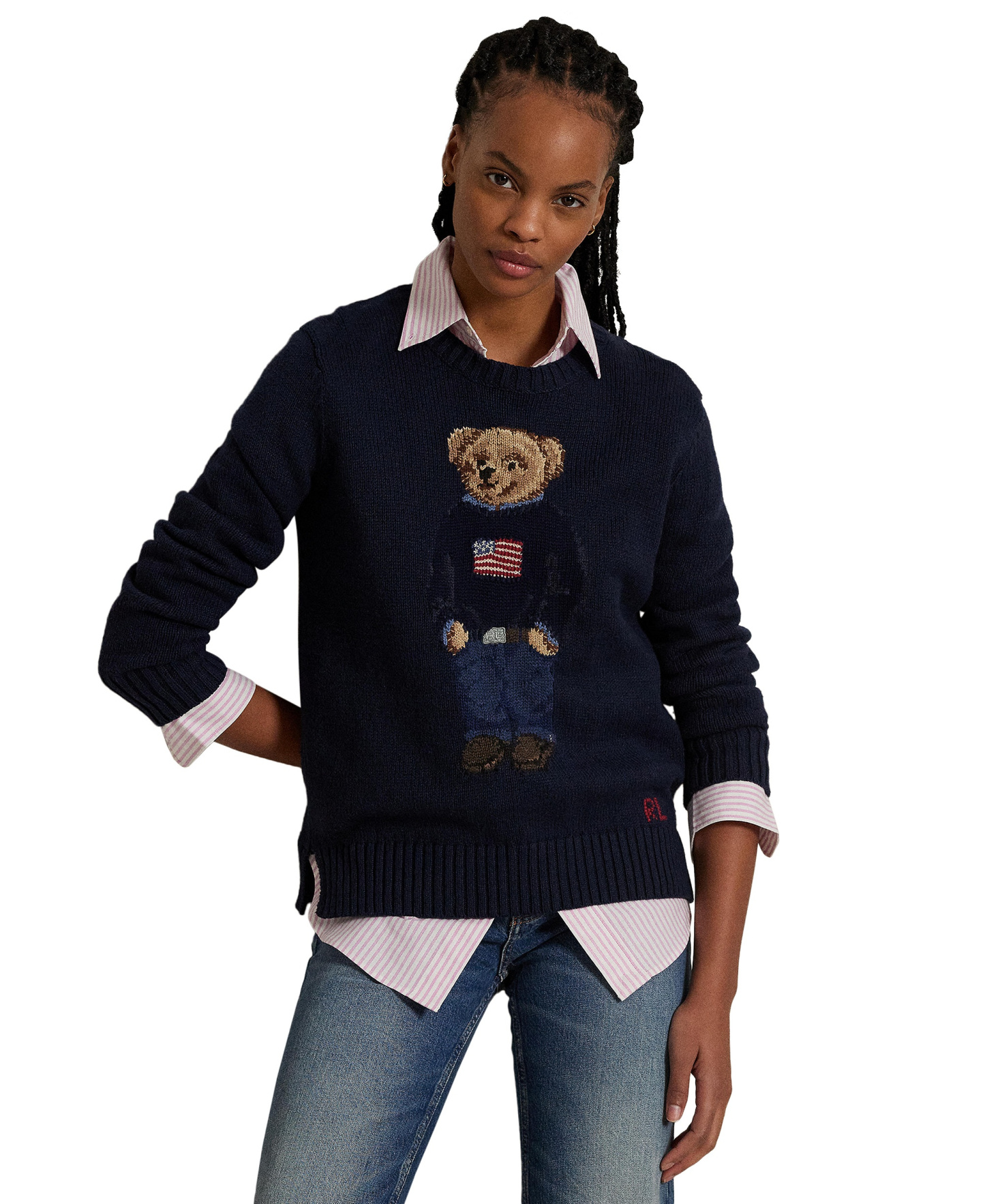 Polo Ralph Lauren Women's Polo Bear Linen-Cotton Crewneck Sweater - Navy Multi