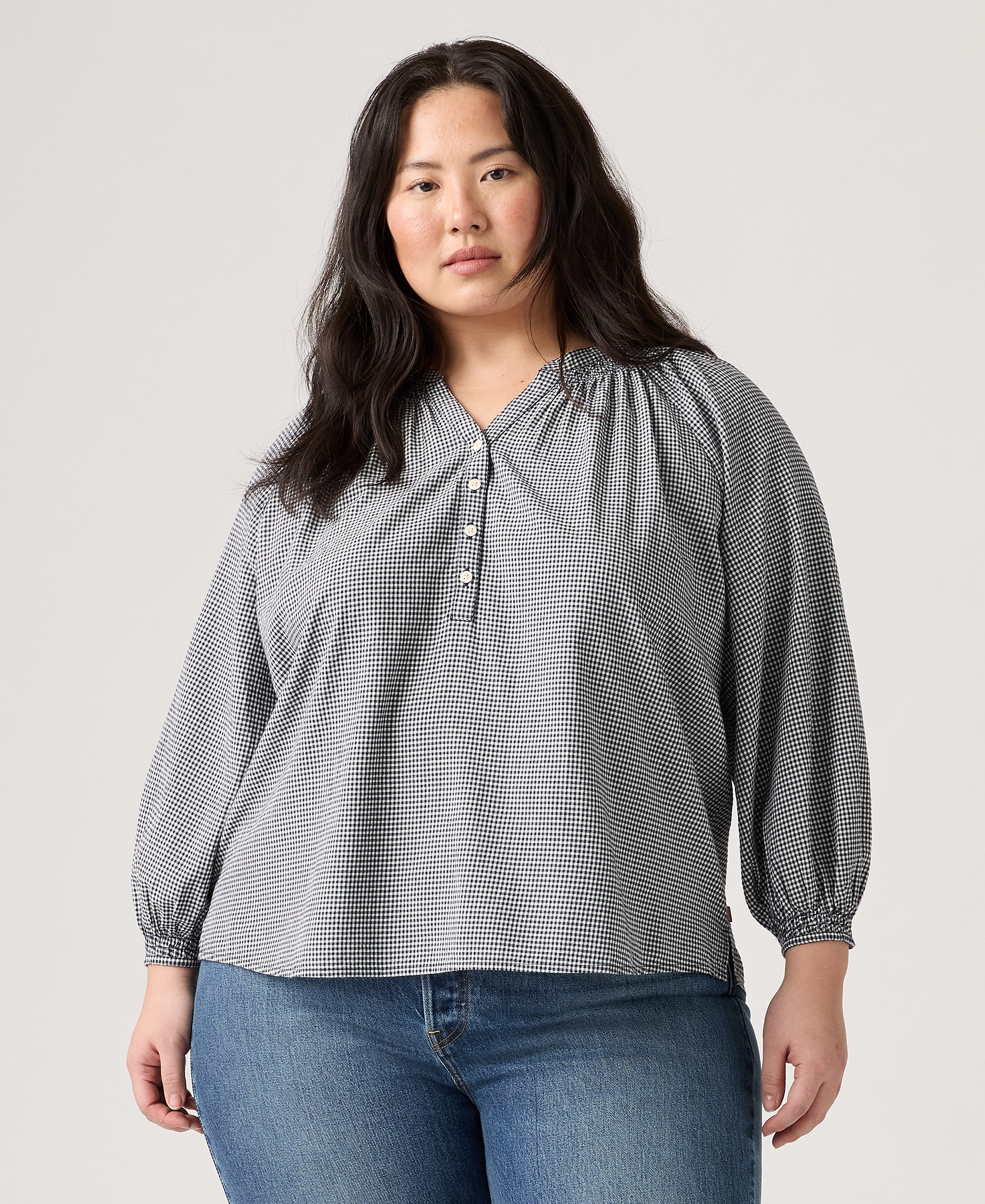 Levi's Women's Reverie Split V-Neck Blouse - Ceicil Even Micro Check Peacoat