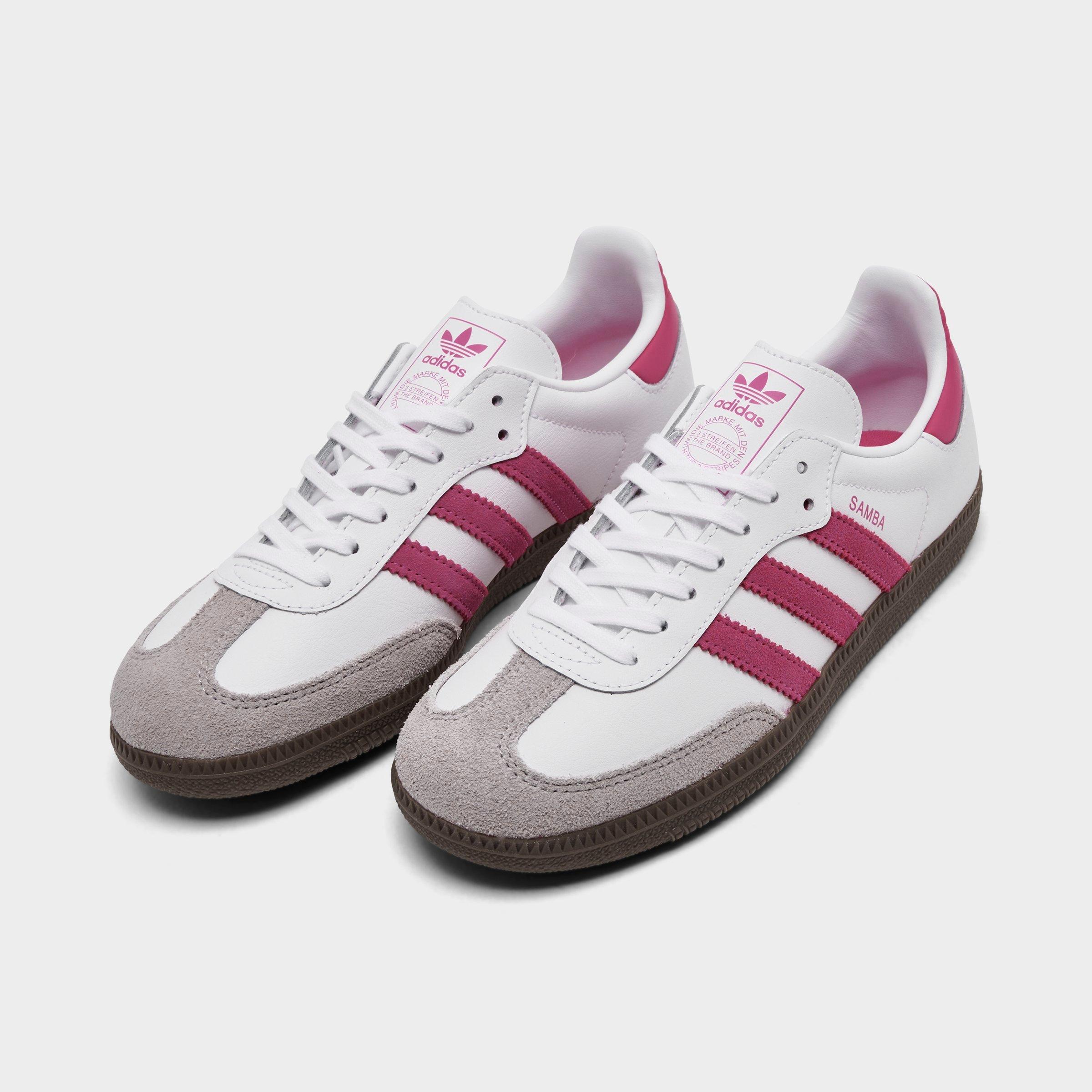 Big Kids' adidas Originals Samba OG Casual Shoes - Part 2 - Footwear White/Real Magenta/Gum - Both shoes facing left
