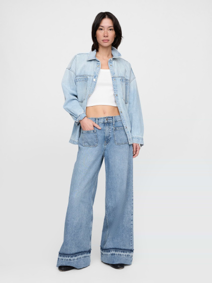 Mid Rise Denim Stripe Baggy Jeans - Medium wash