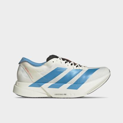 Men's adidas Adizero Adios Pro 4 Running Shoes - Off White/Light Blue/Bright Red - Left shoe facing left. Outside of the shoe.