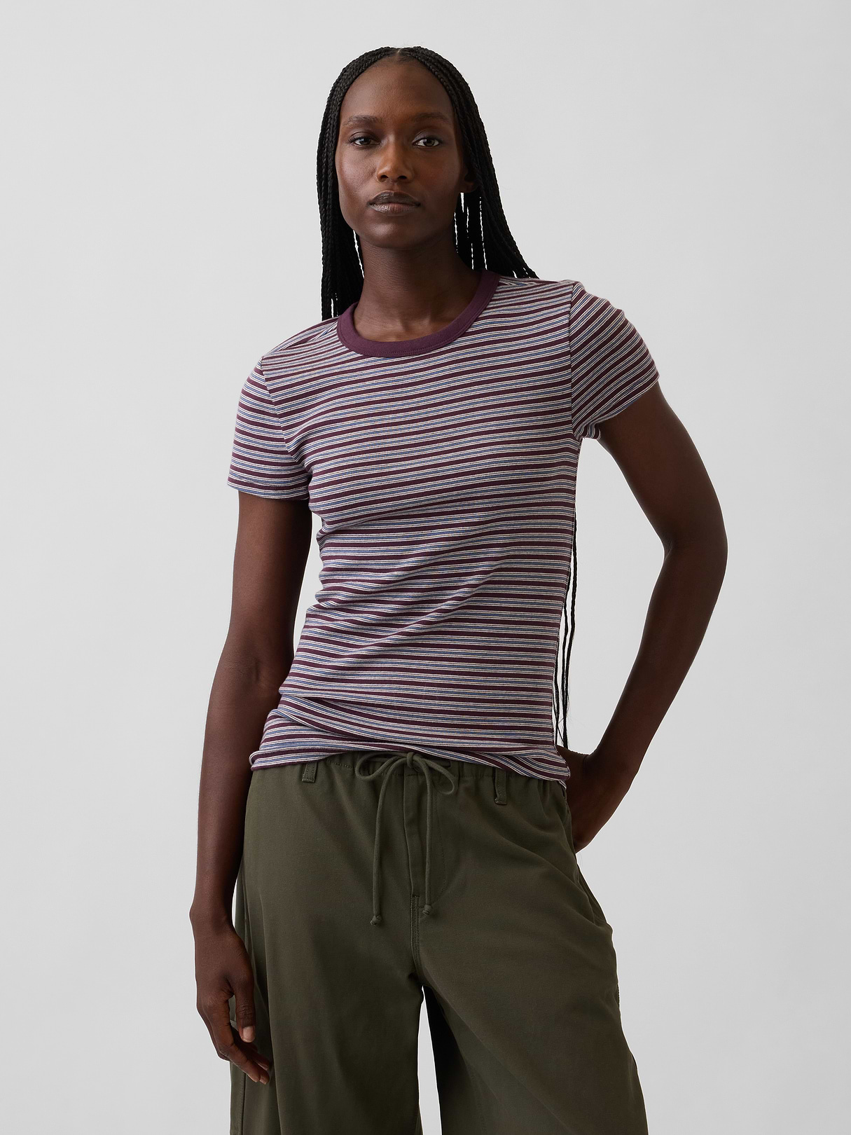 Modern Crew T-Shirt - Purple burgundy & blue stripe