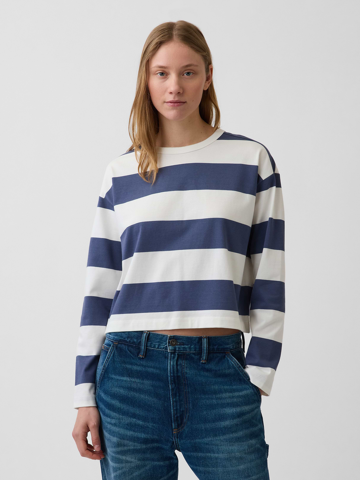 Knit Oversized Crop T-Shirt - Blue stripe