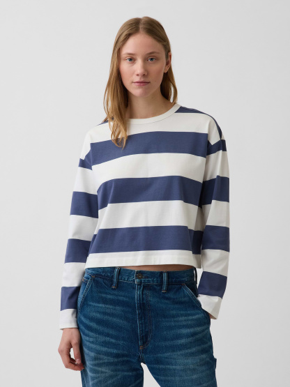 Knit Oversized Crop T-Shirt - Blue stripe