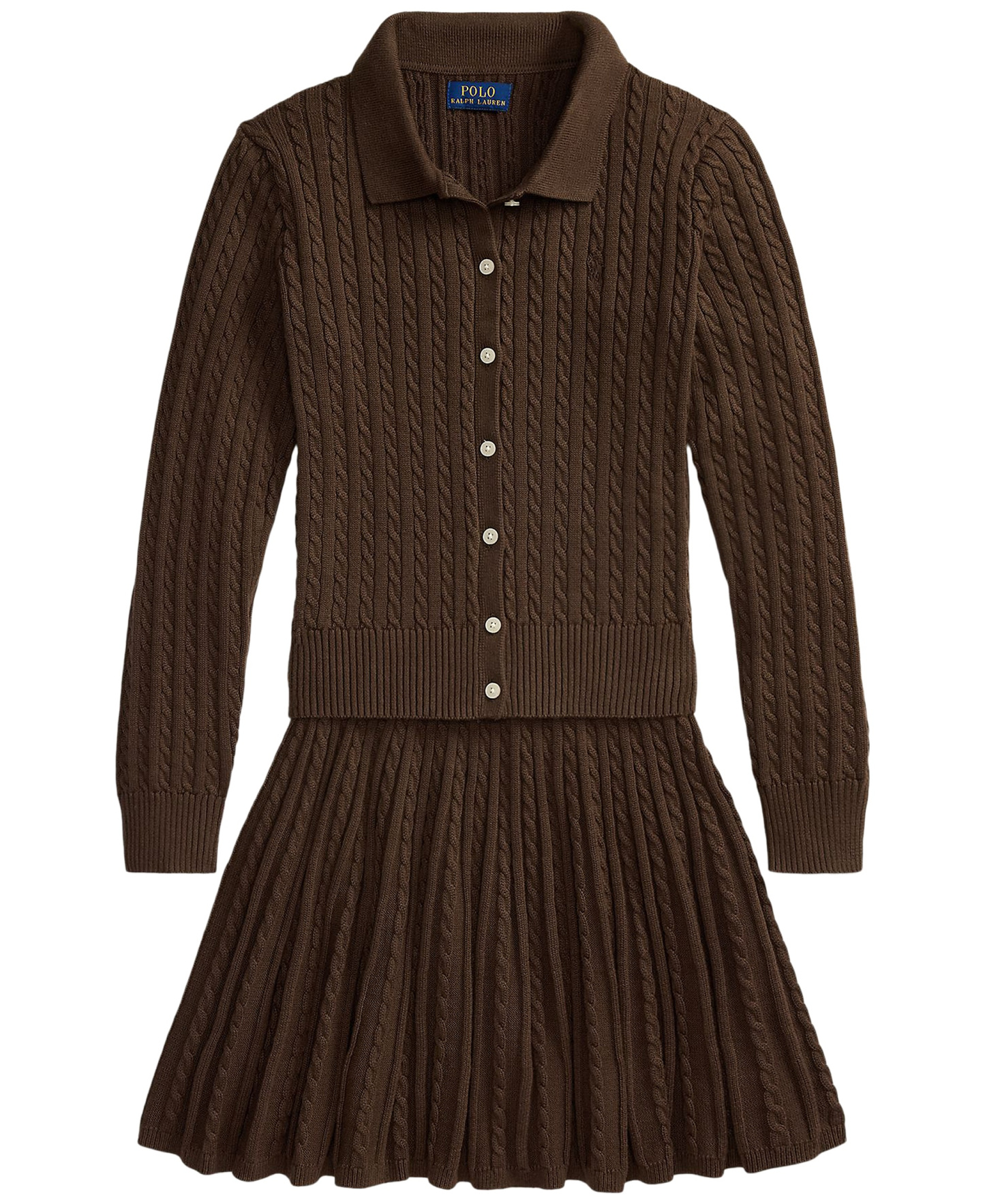 Polo Ralph Lauren Girls' 7-16 Polo Cardigan Sweater and Skirt, 2-Piece Set - Nutmeg Brown