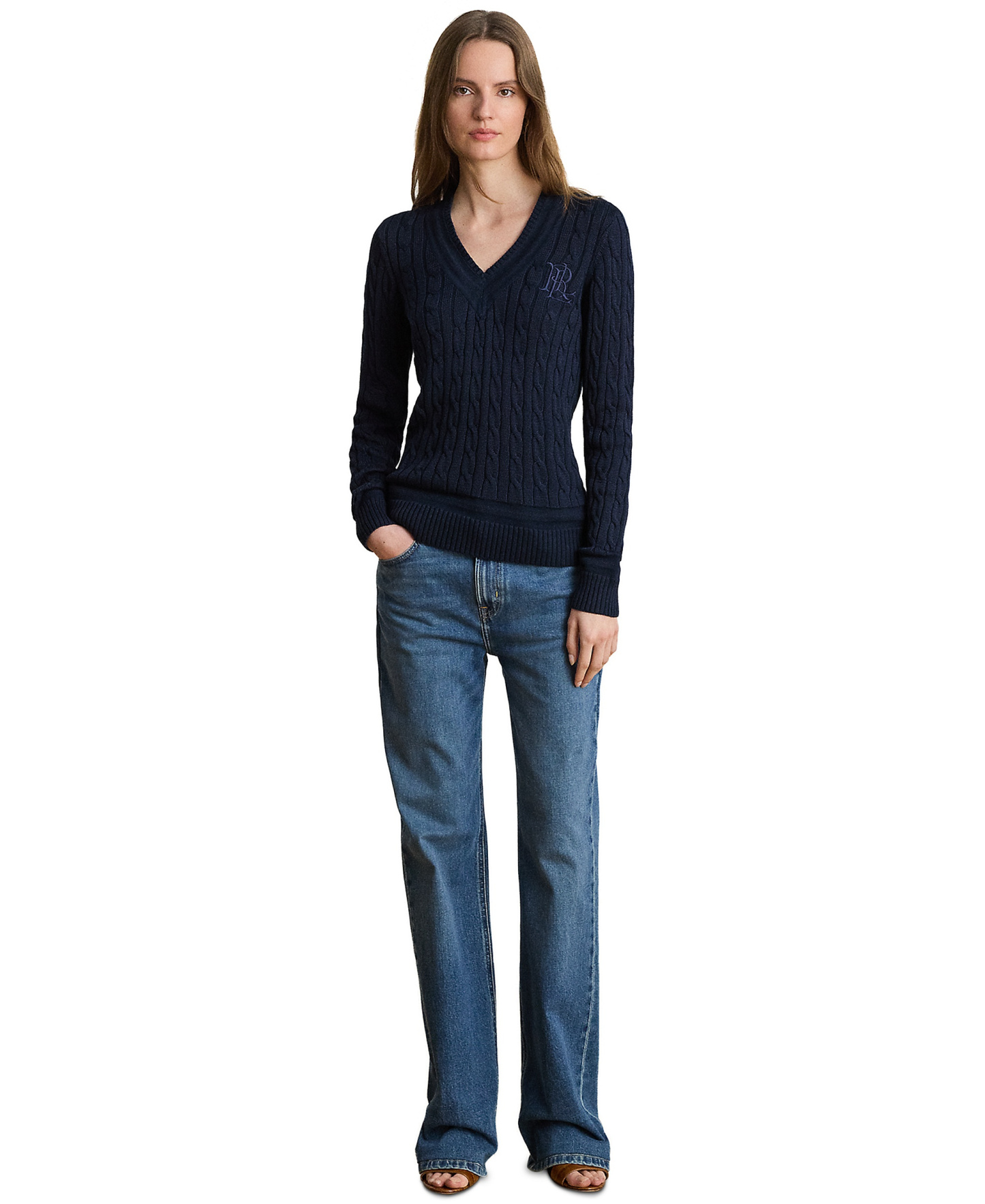 Lauren Ralph Lauren Women's Long-Sleeve V-Neck Cable Knit Sweater - Lauren Navy