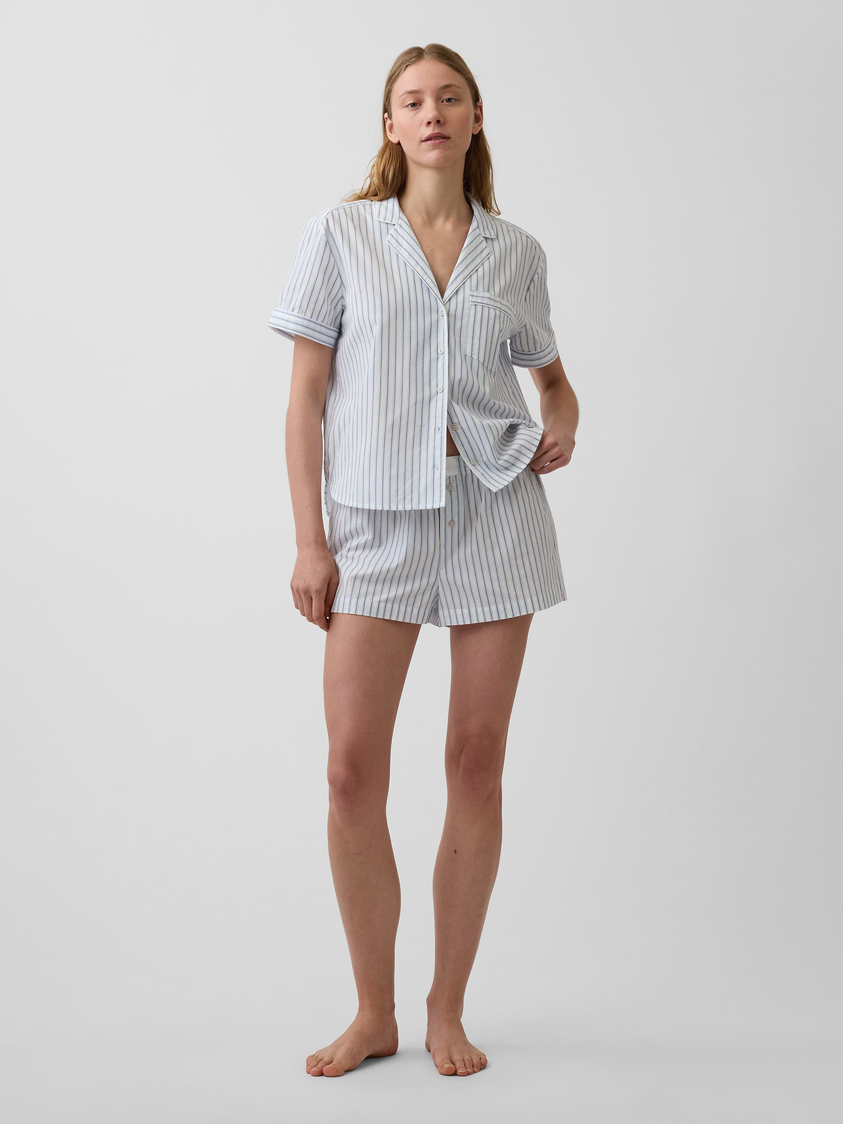 Poplin PJ Boxer Shorts - White & blue stripe