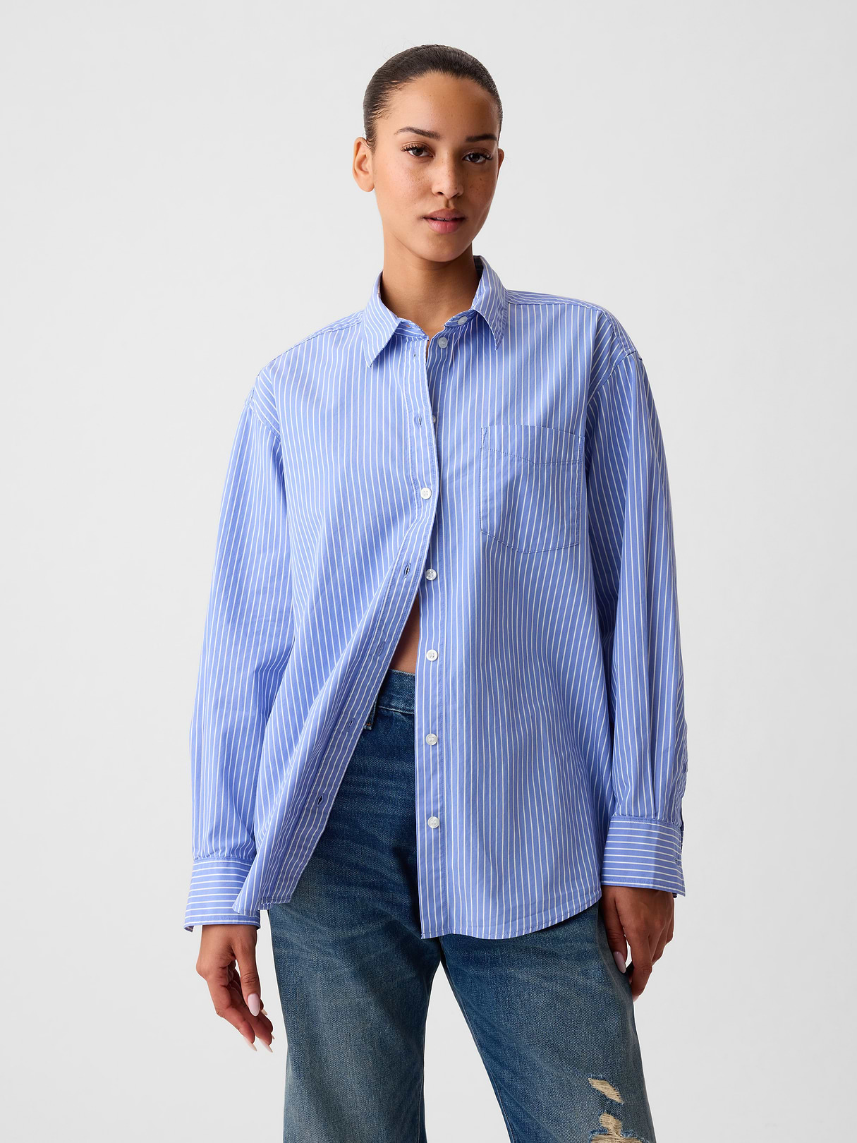 Organic Cotton Poplin Stripe Big Shirt - New blue & white stripe