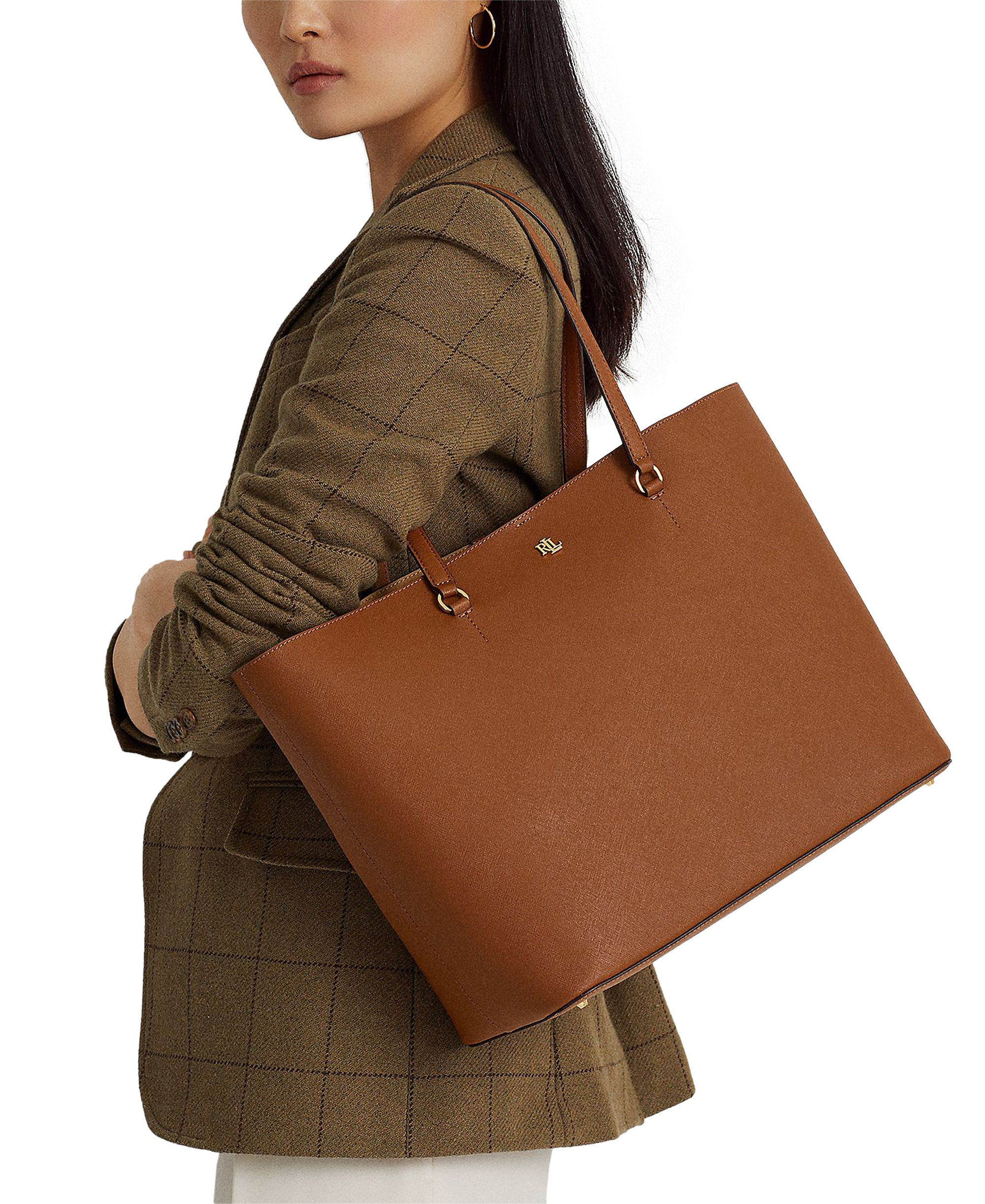 Lauren Ralph Lauren Karly Crosshatch Leather Large Tote - Lauren Tan